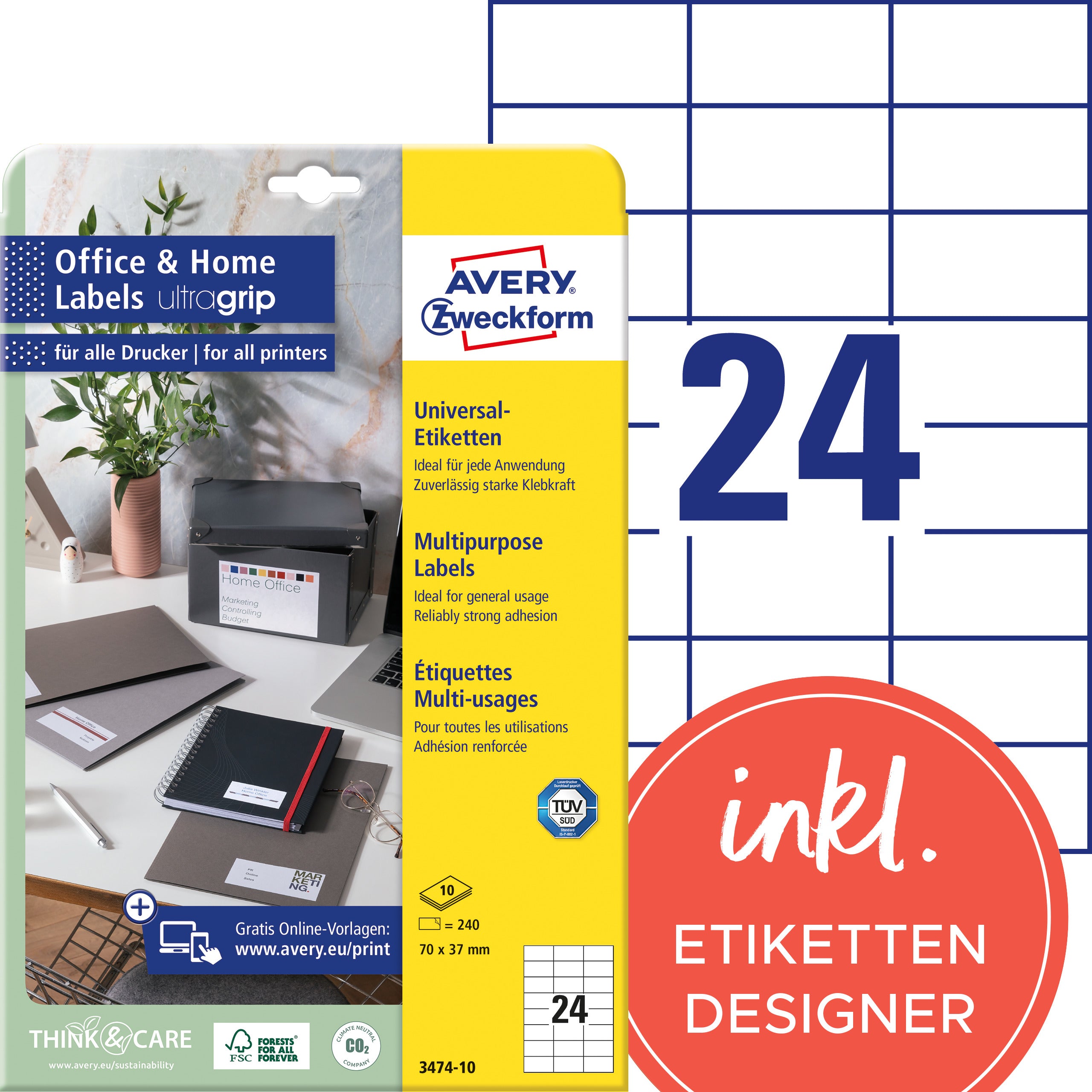 AVERY ZW. Etiquettes universel   70x37mm