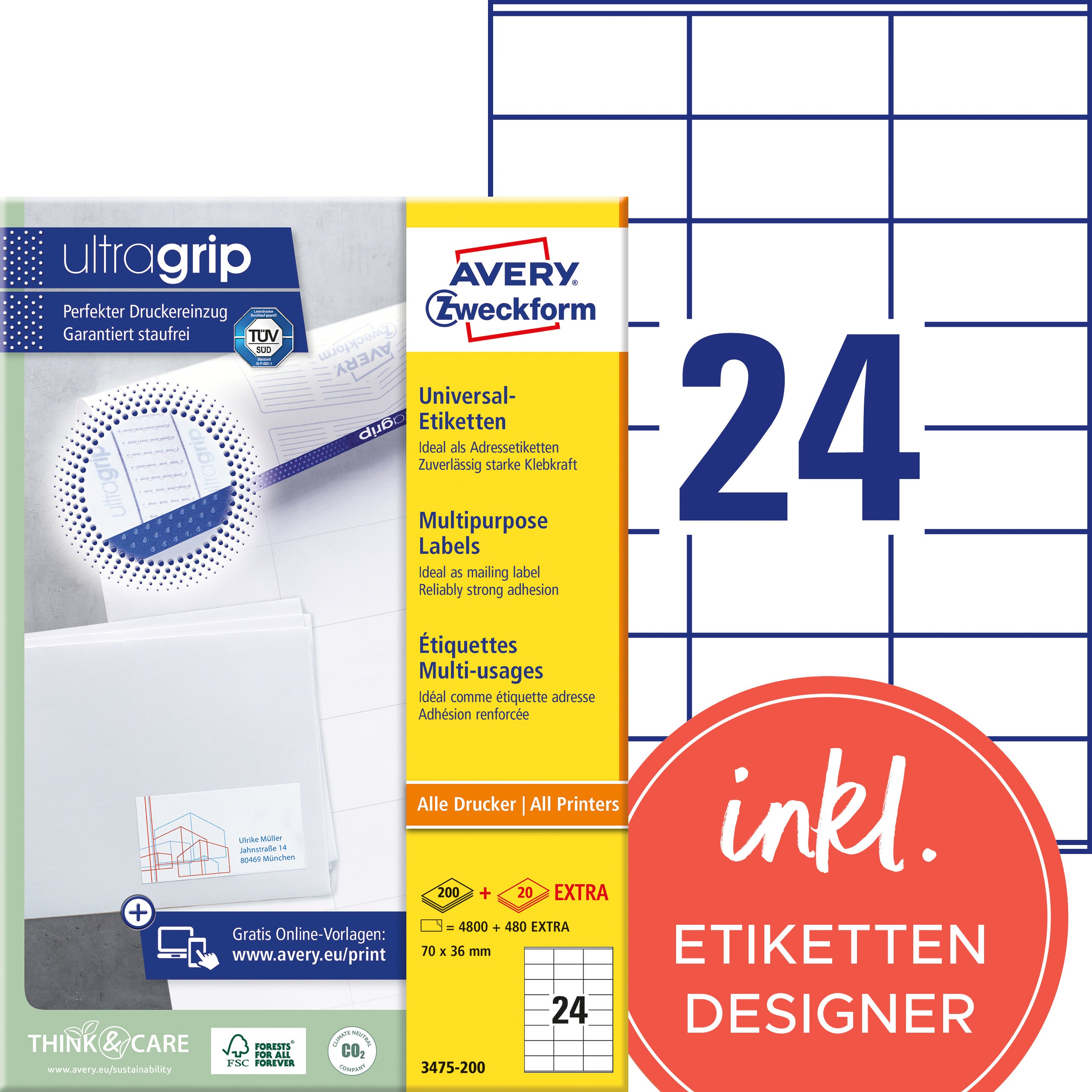 AVERY ZW. Etiquettes             70x36mm