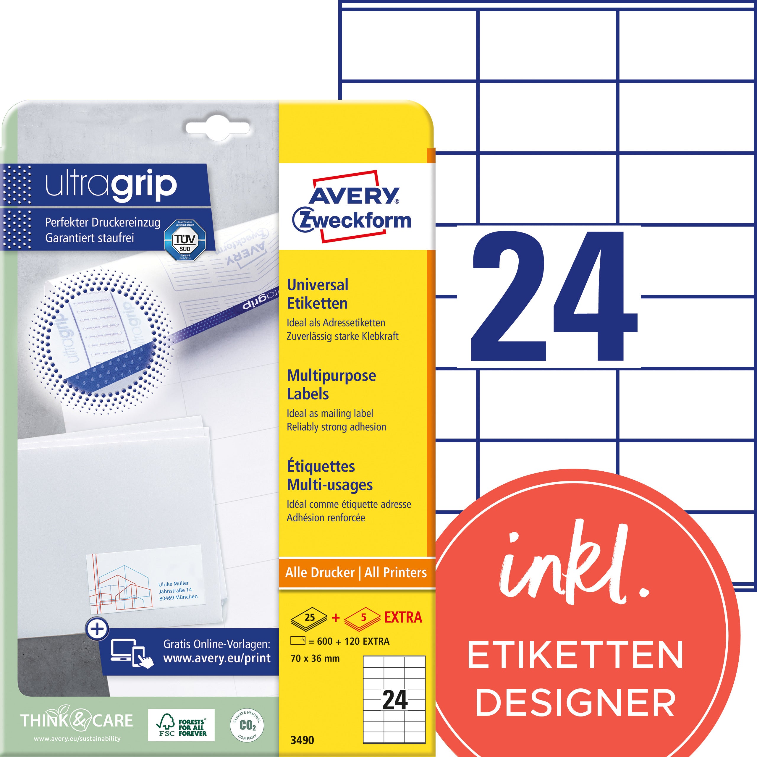 AVERY ZW. Etiquettes universel   70x36mm