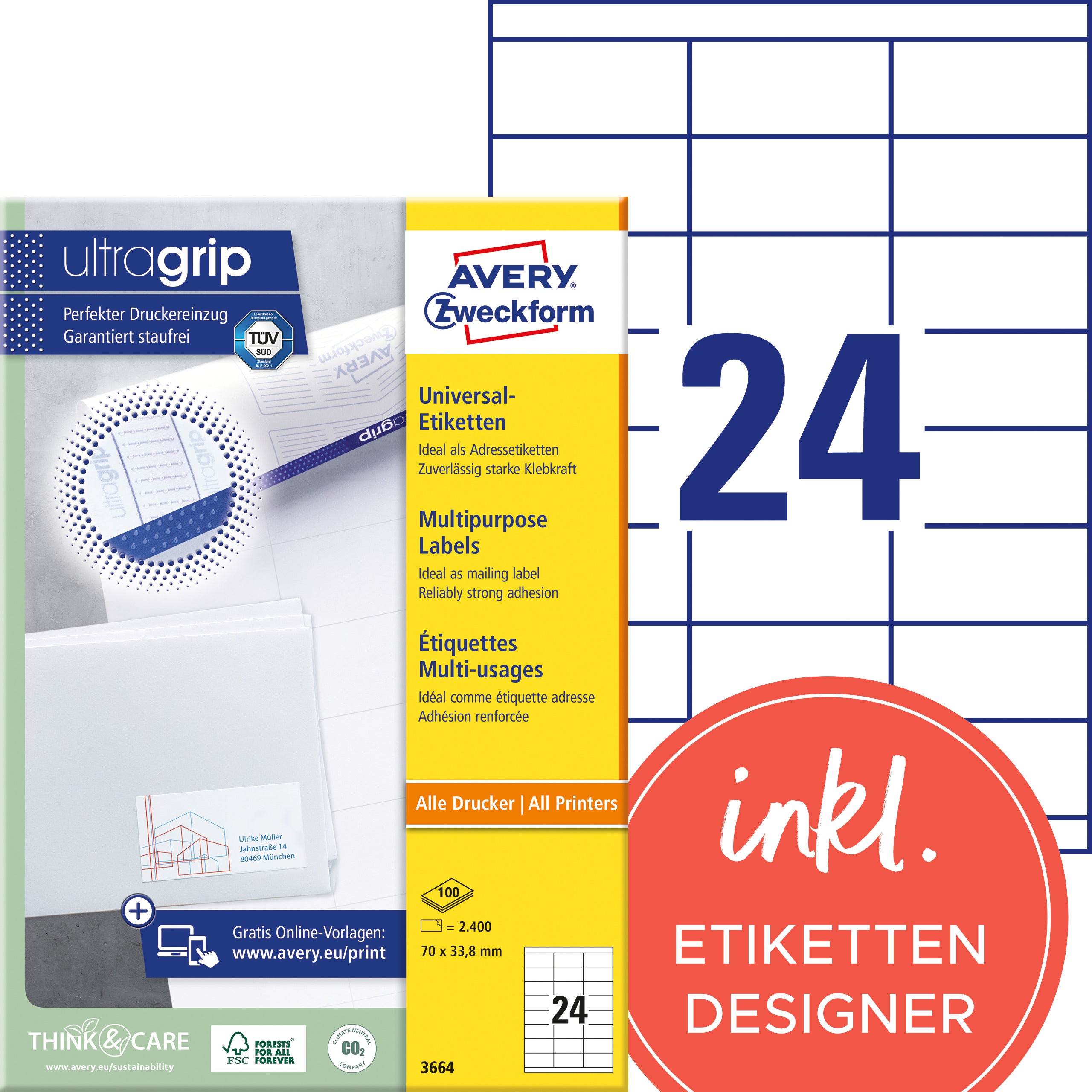 AVERY ZW. Etiquettes           70×33,8mm