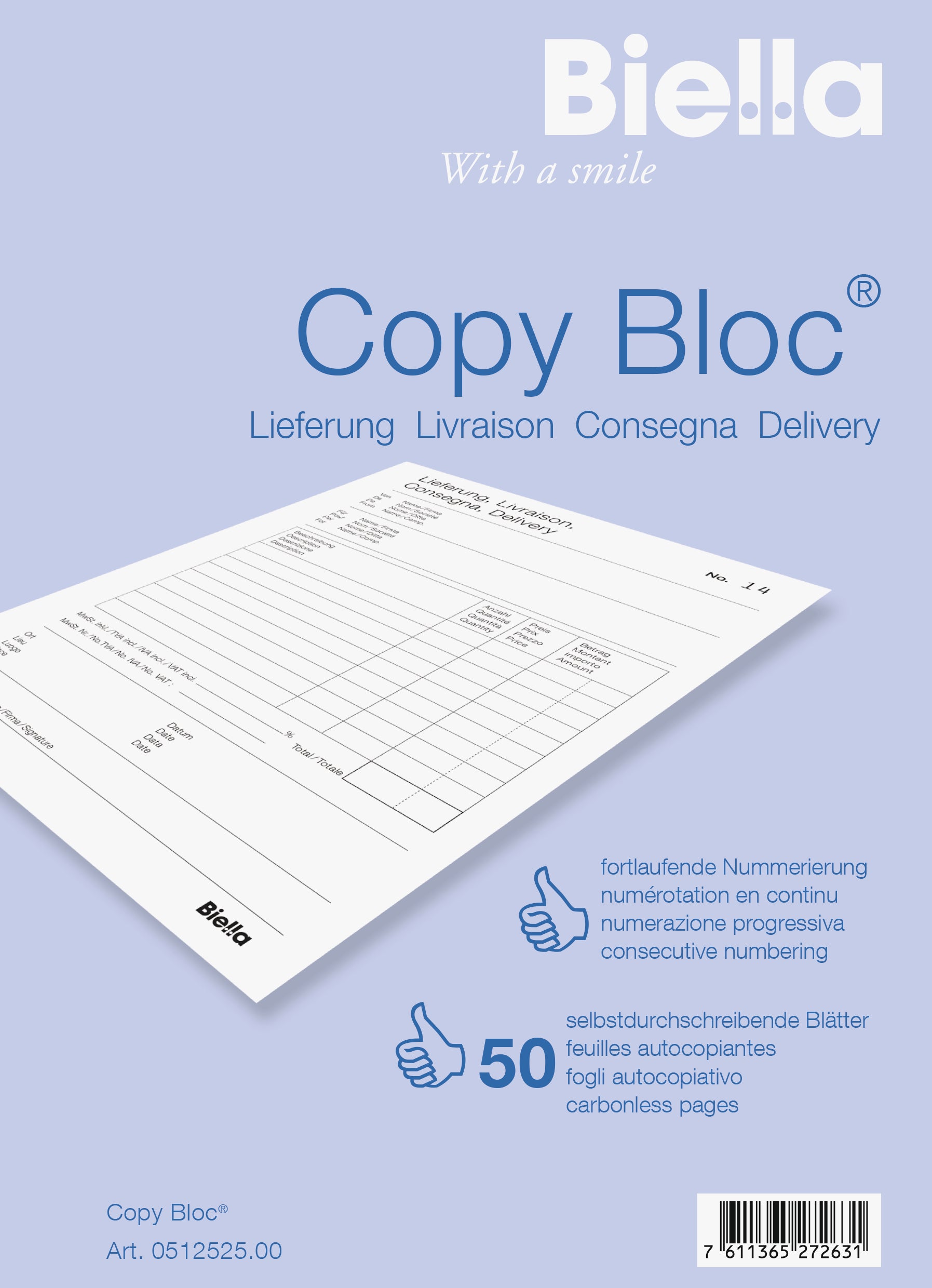 BIELLA Bul.livr. COPY-BLOC D/F/I/E A5 51252500U autocopiante 50x2 feuilles