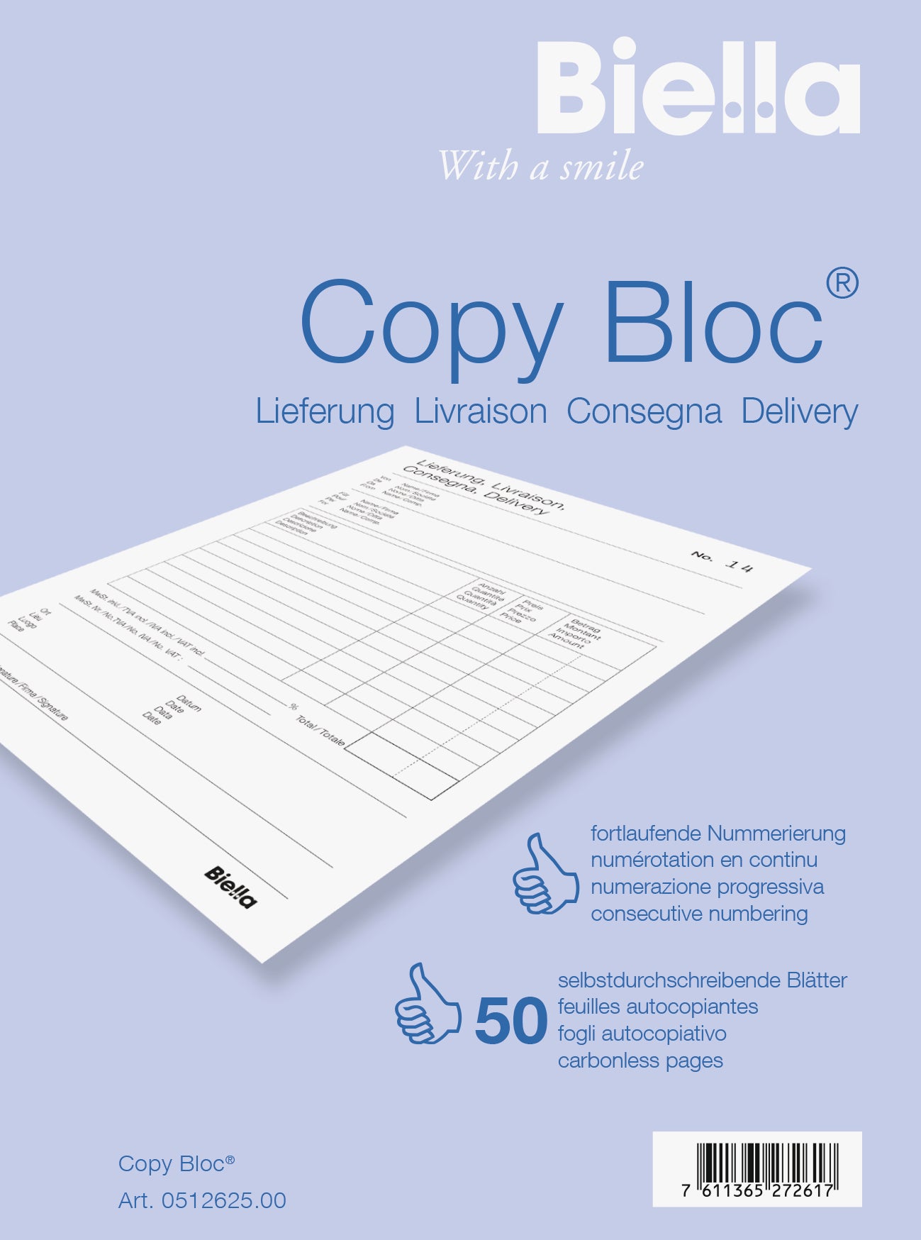 BIELLA Bul.livr. COPY-BLOC D/F/I/E A6 51262500U autocopiante 50x2 feuilles