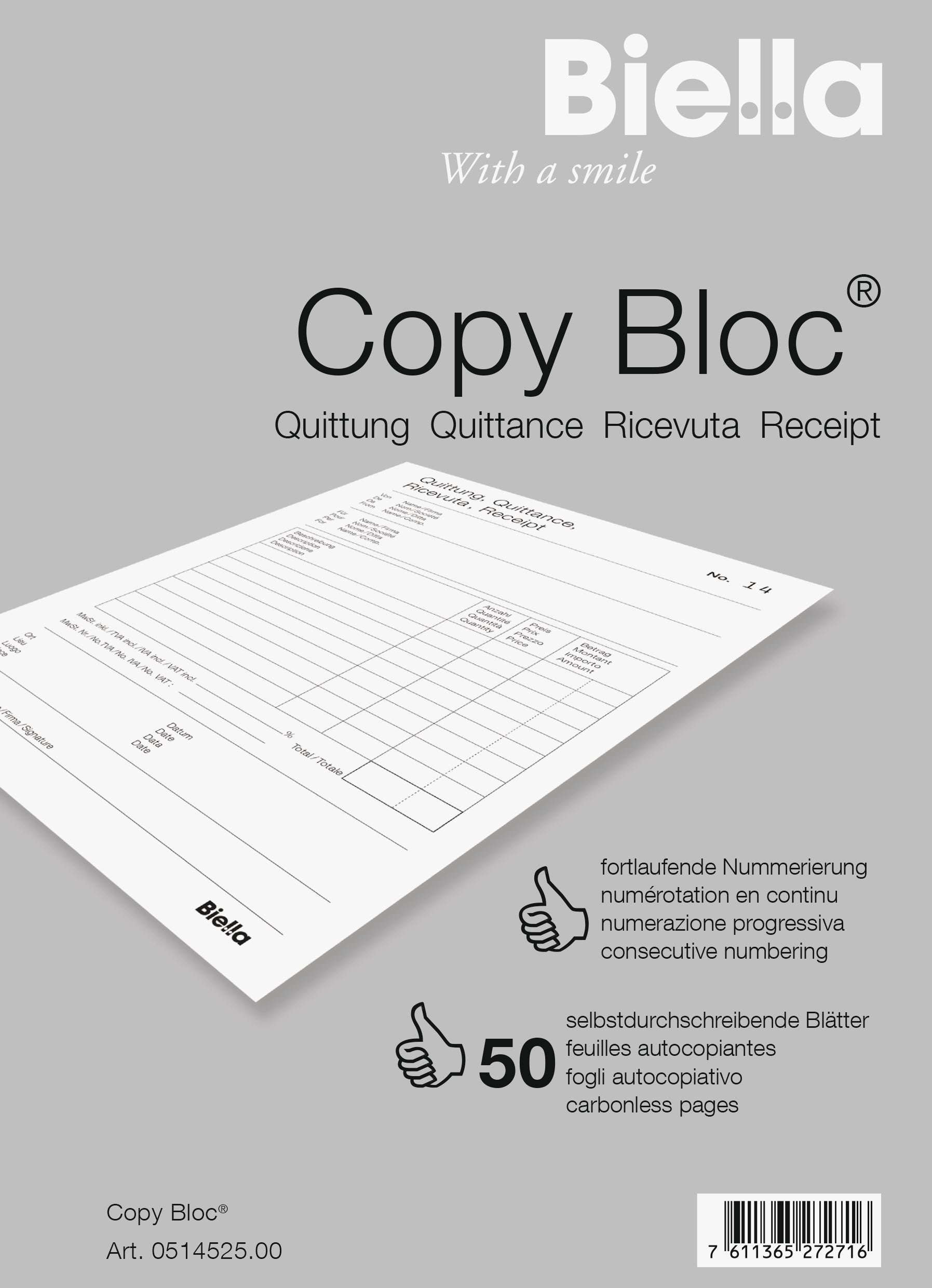 BIELLA Quittance COPY-BLOC D/F/I/E A5 51452500U autocopiante 50x2 feuilles