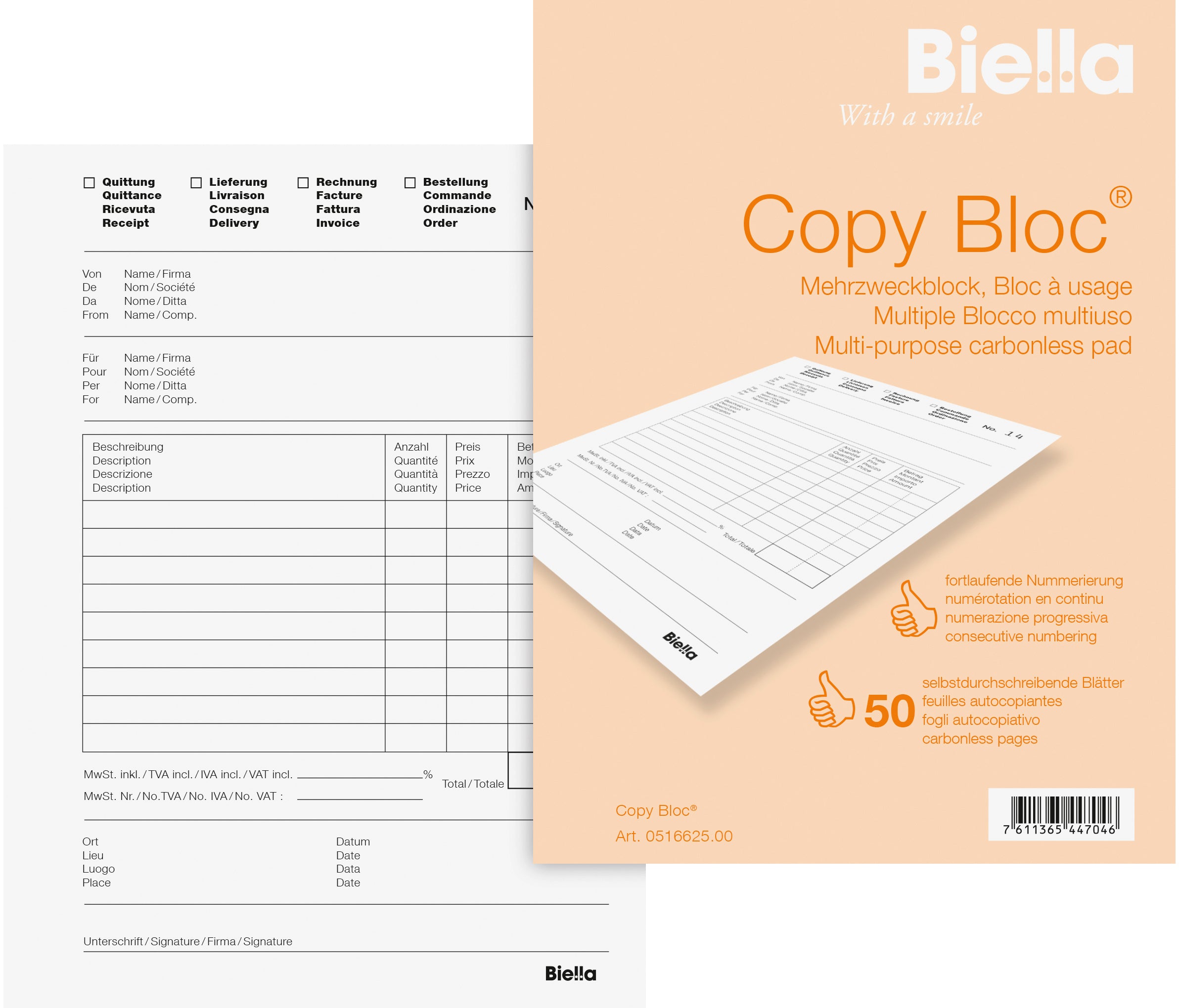 BIELLA Bloc copy A6 51662500U blanc 4 langues, mutiuse