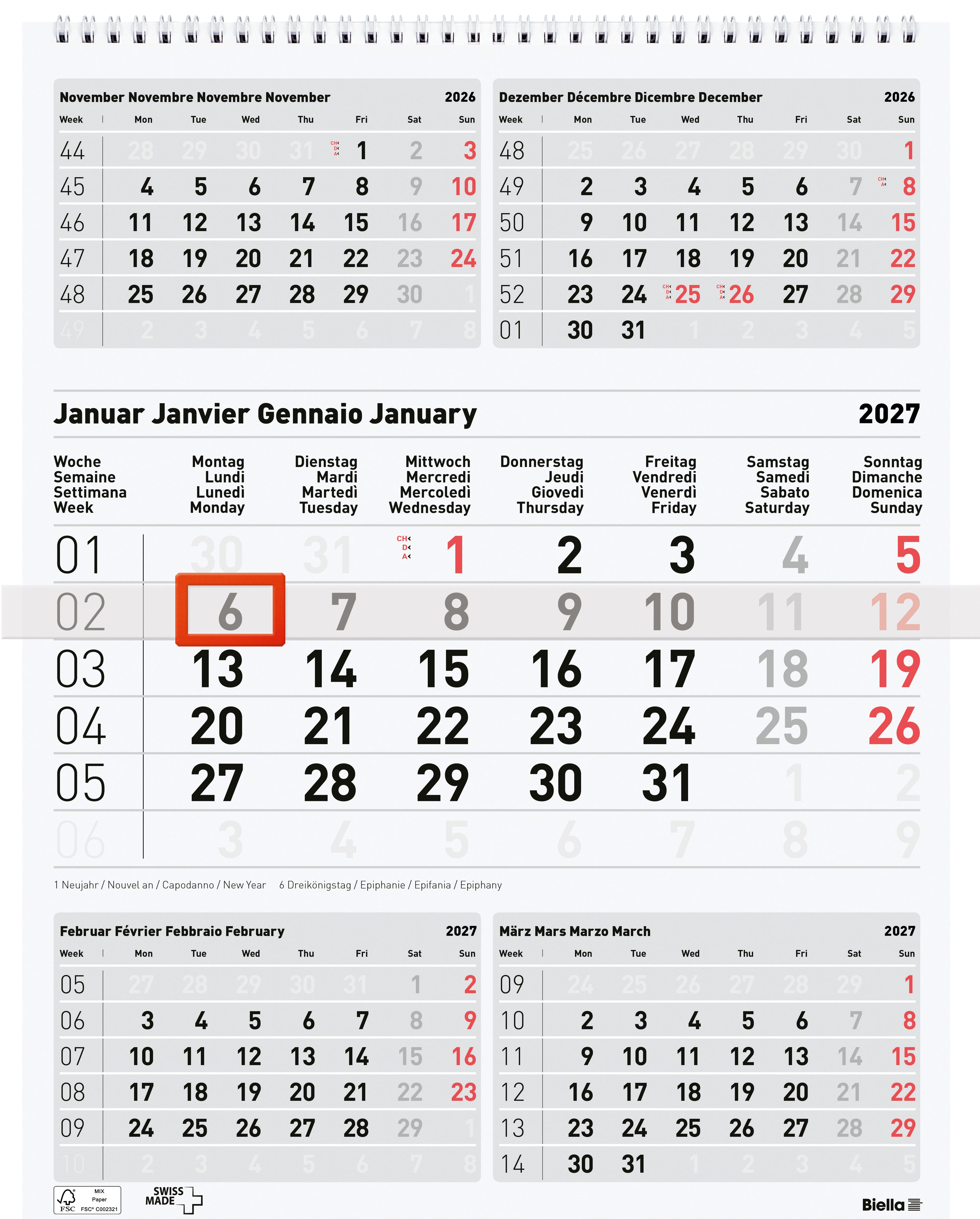 BIELLA    5-Calendrier mens. Wire-O 2027