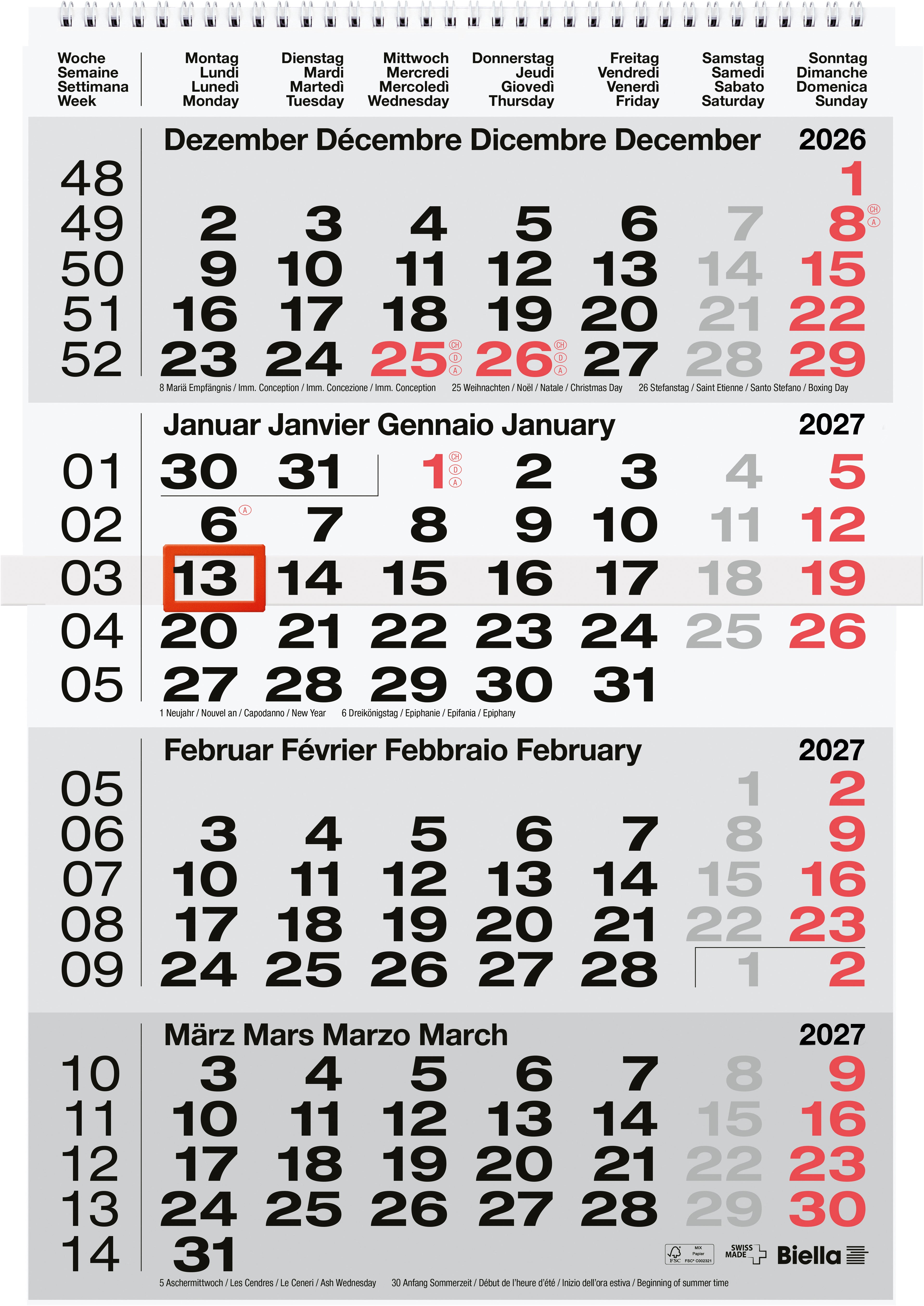 BIELLA    4-Calendrier mens. Wire-O 2027