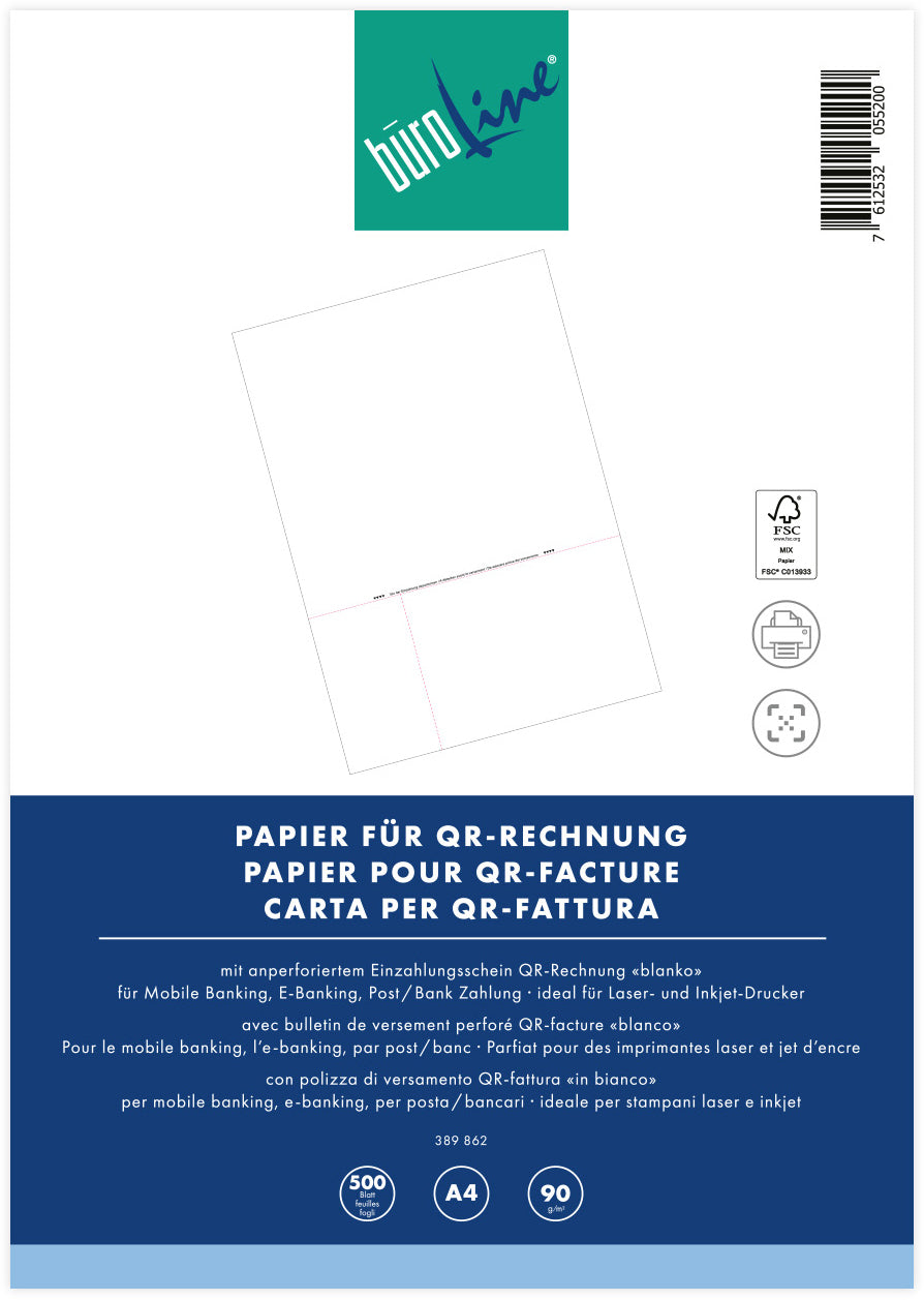BÜROLINE Bulletin de vers. QR-facture 389862 90g, perforé/ blanco 500 pcs.