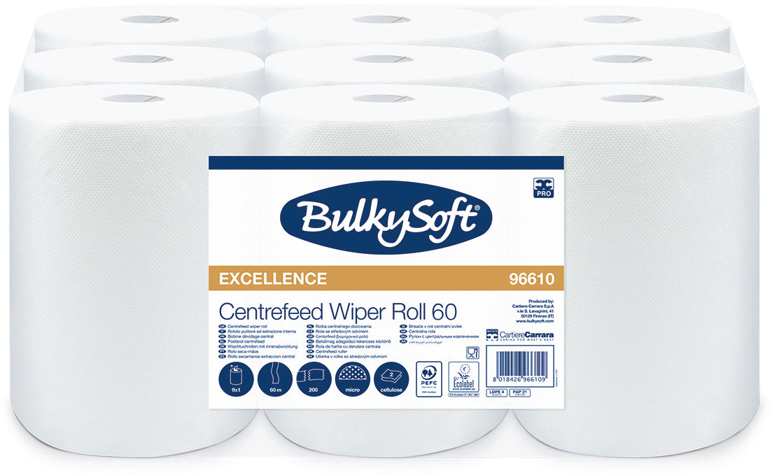 BULKYSOFT Rouleau de chiffons2x 60m,22cm 26255 Midi, Premium blanc 9 rouleaux