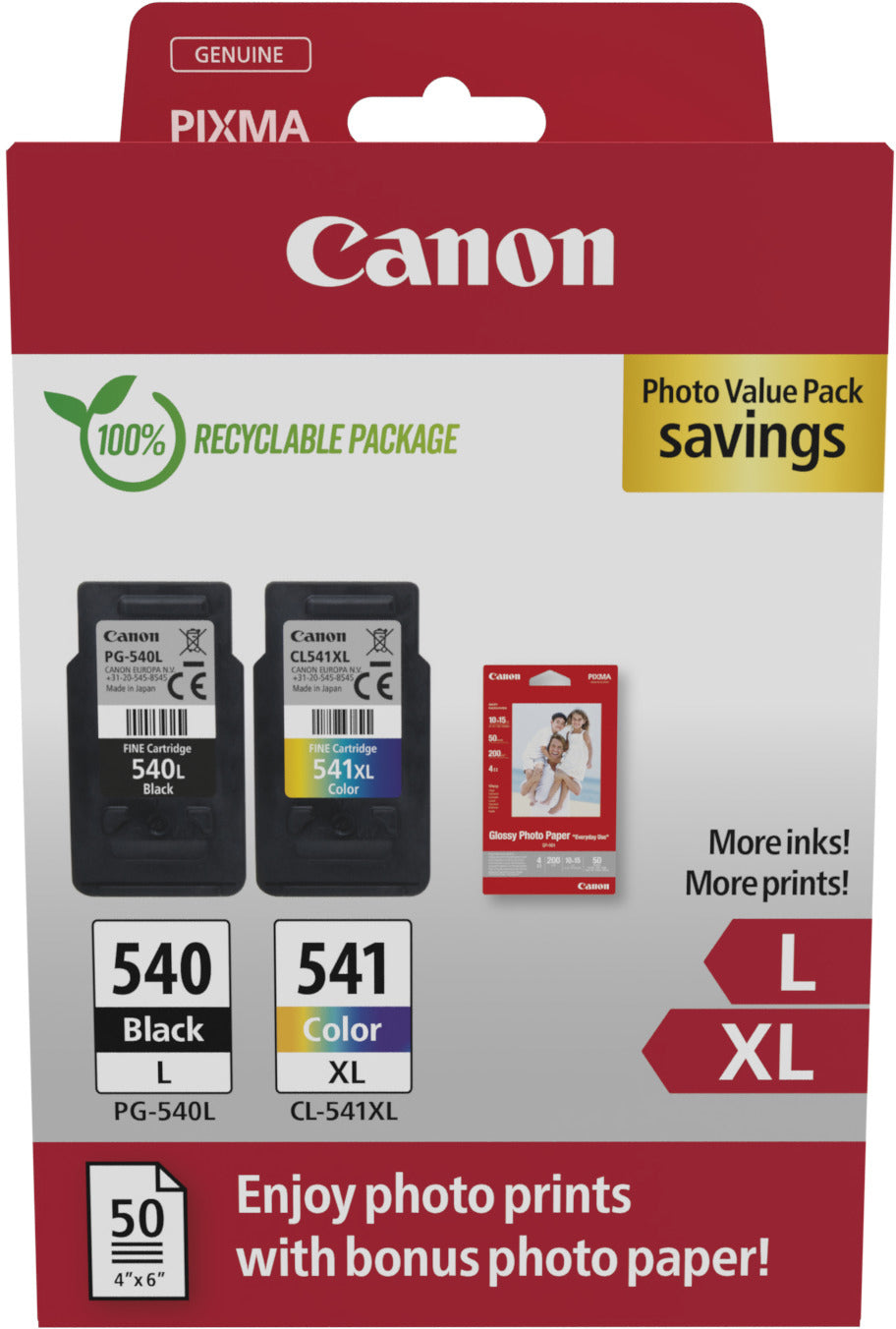CANON Photo Value Pack L/XL CMYBK PGCL540/1 PIXMA MG2150 GP-501 50fl.