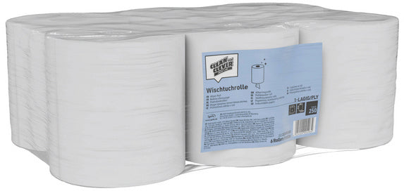 CLEAN AND CLEVER Rouleau de.chiffons 19cmx300m 37378 Midi blanc, recyc. 6 rouleaux
