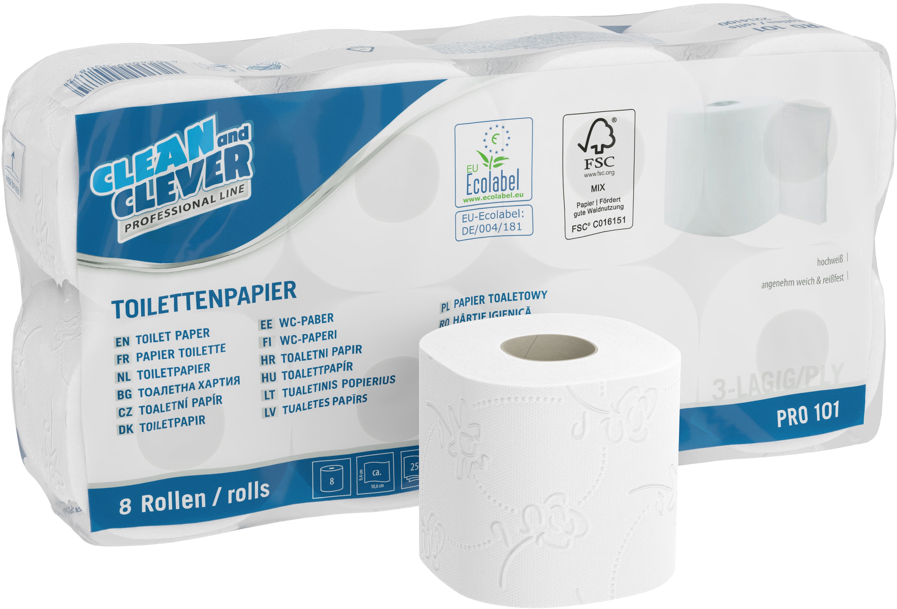 CLEAN AND CLEVER Papier-toilette 3x 9.4x11cm 40021 blanc PRO101 64 rl.,250 flls.