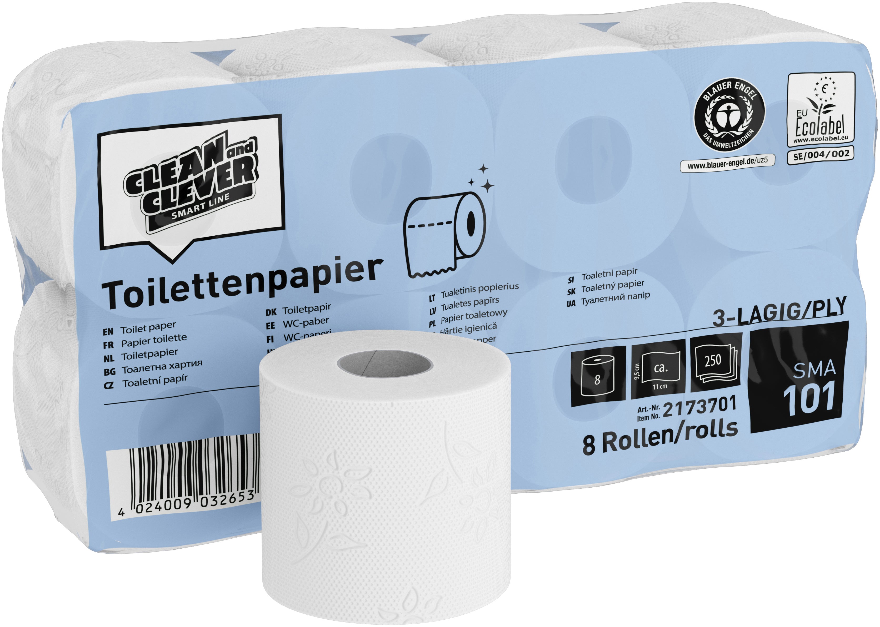 CLEAN AND CLEVER Papier-toilette 3x 9.4x11cm P32660 blanc recyc. 64 rl.,250 flls.