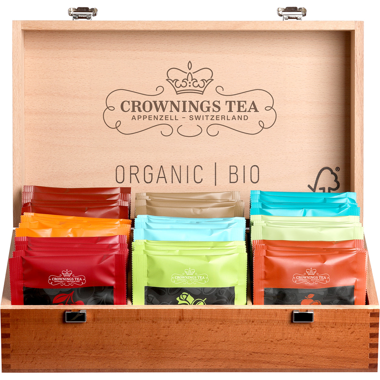 CROWNING'S Boîte à thé bio en bois 106368 fourré avec 9 sortes