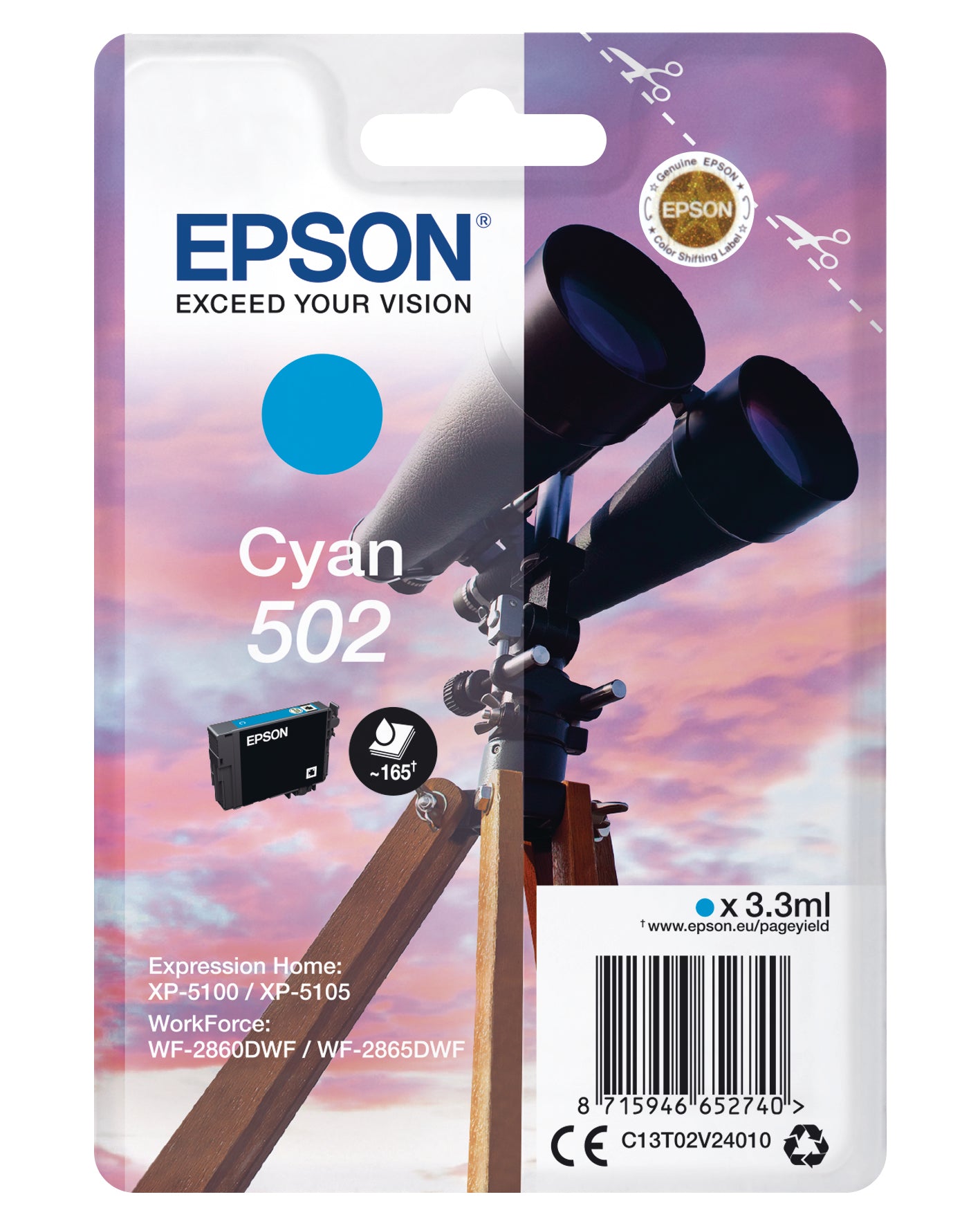 EPSON Cart. d'encre 502 cyan T02V240 WF-2860/XP-5100 160 pages