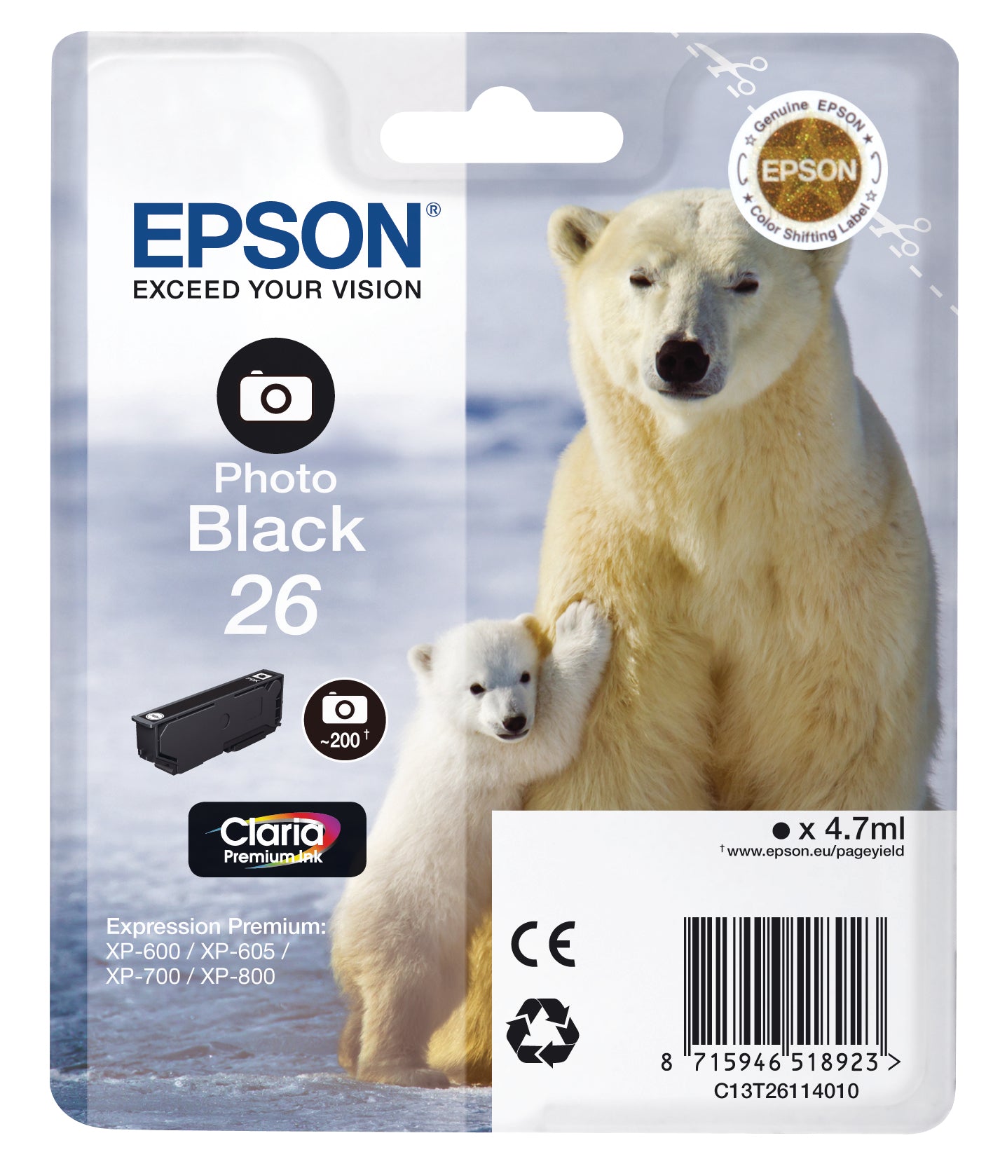 EPSON Cart. d'encre photo noir T261140 XP 700/800 200 pages