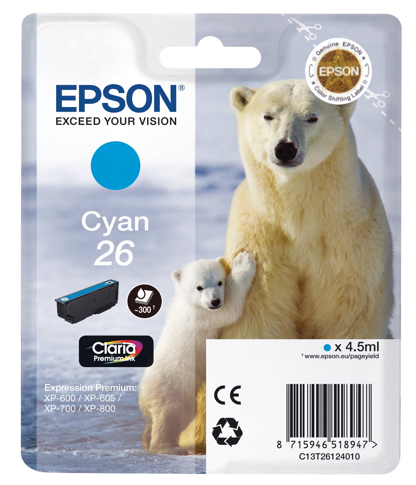 EPSON Cartouche d'encre cyan T261240 XP 700/800 300 pages