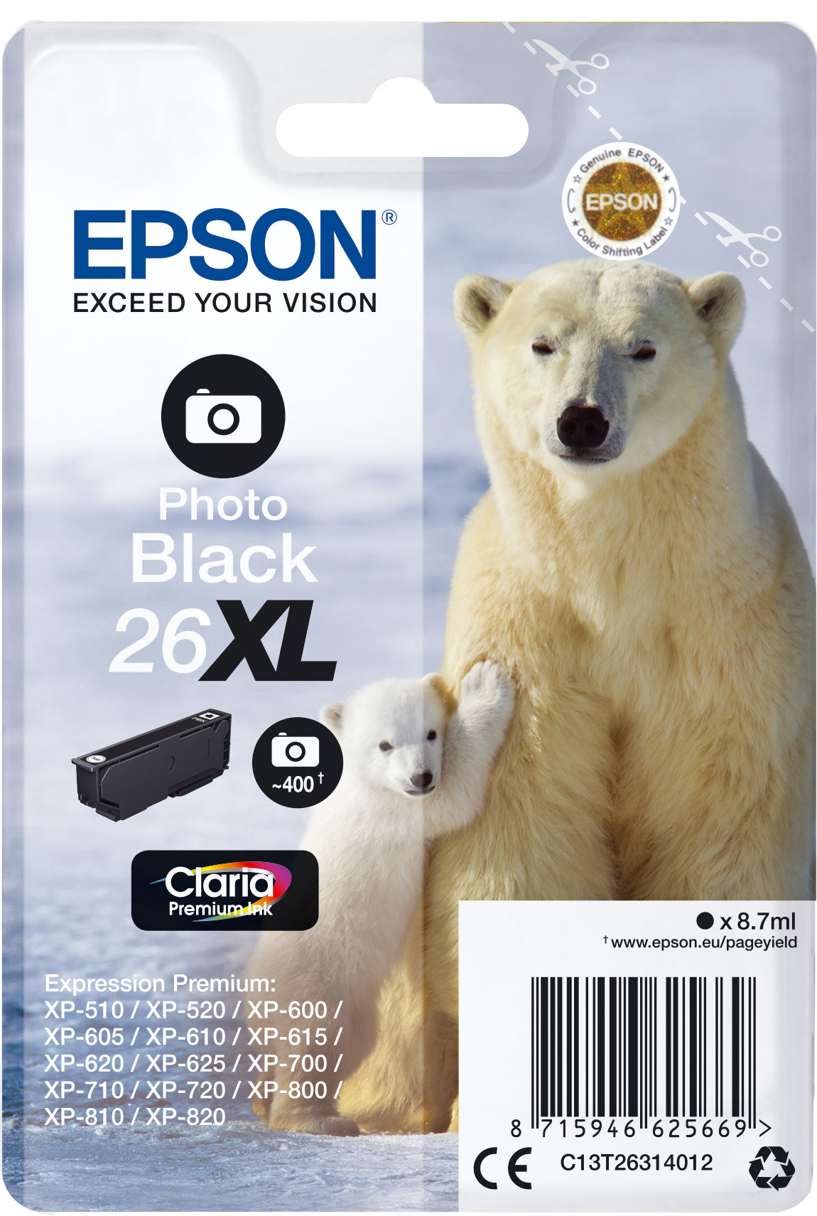 EPSON Cart. d'encre 26XL photo noir T263140 XP 700/800 400 pages