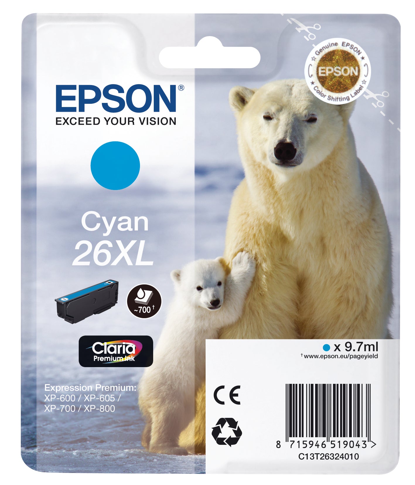 EPSON Cartouche d'encre 26XL cyan T263240 XP 700/800 700 pages