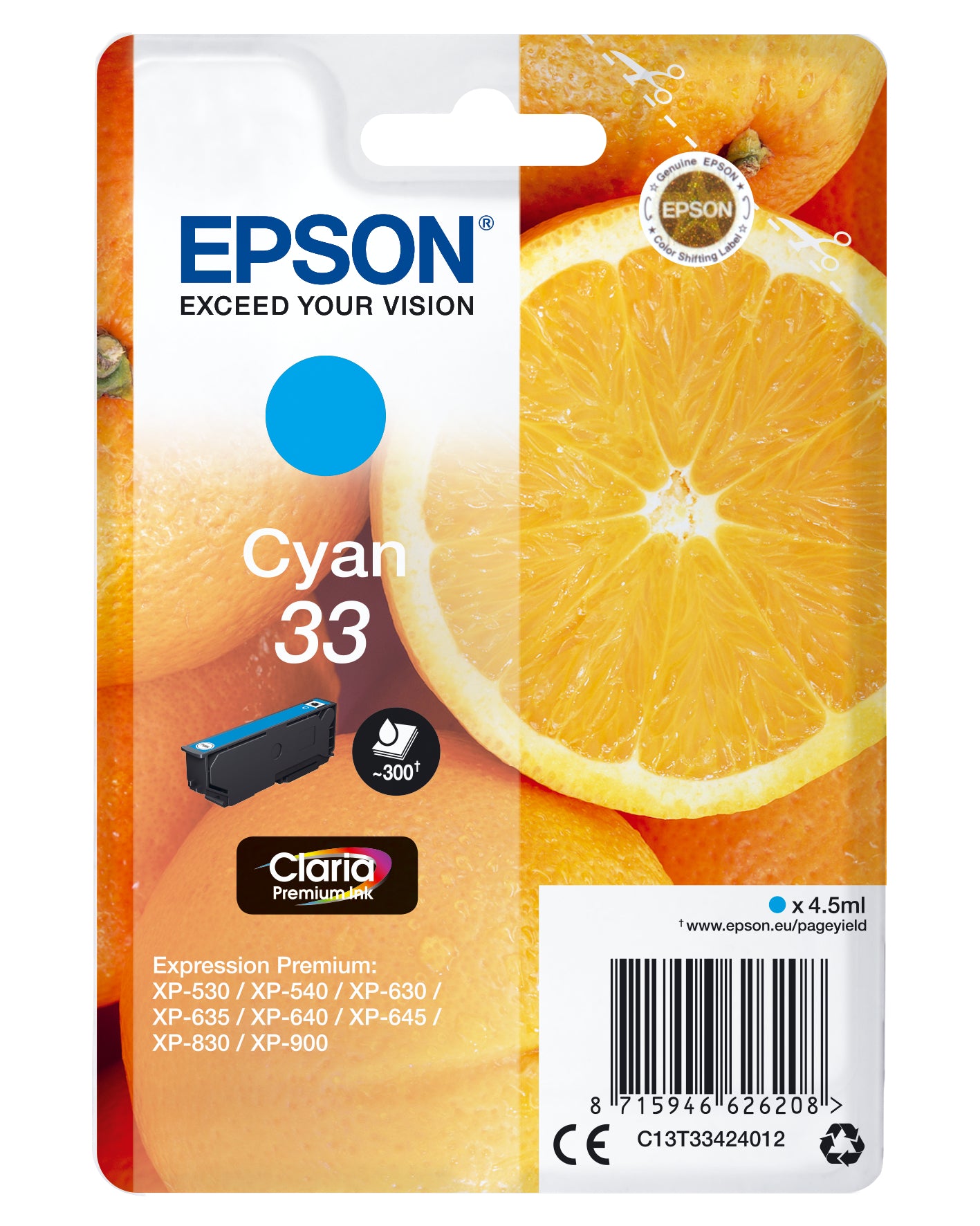 EPSON Cart. d'encre 33 cyan T334240 XP-530/630/830 300 pages