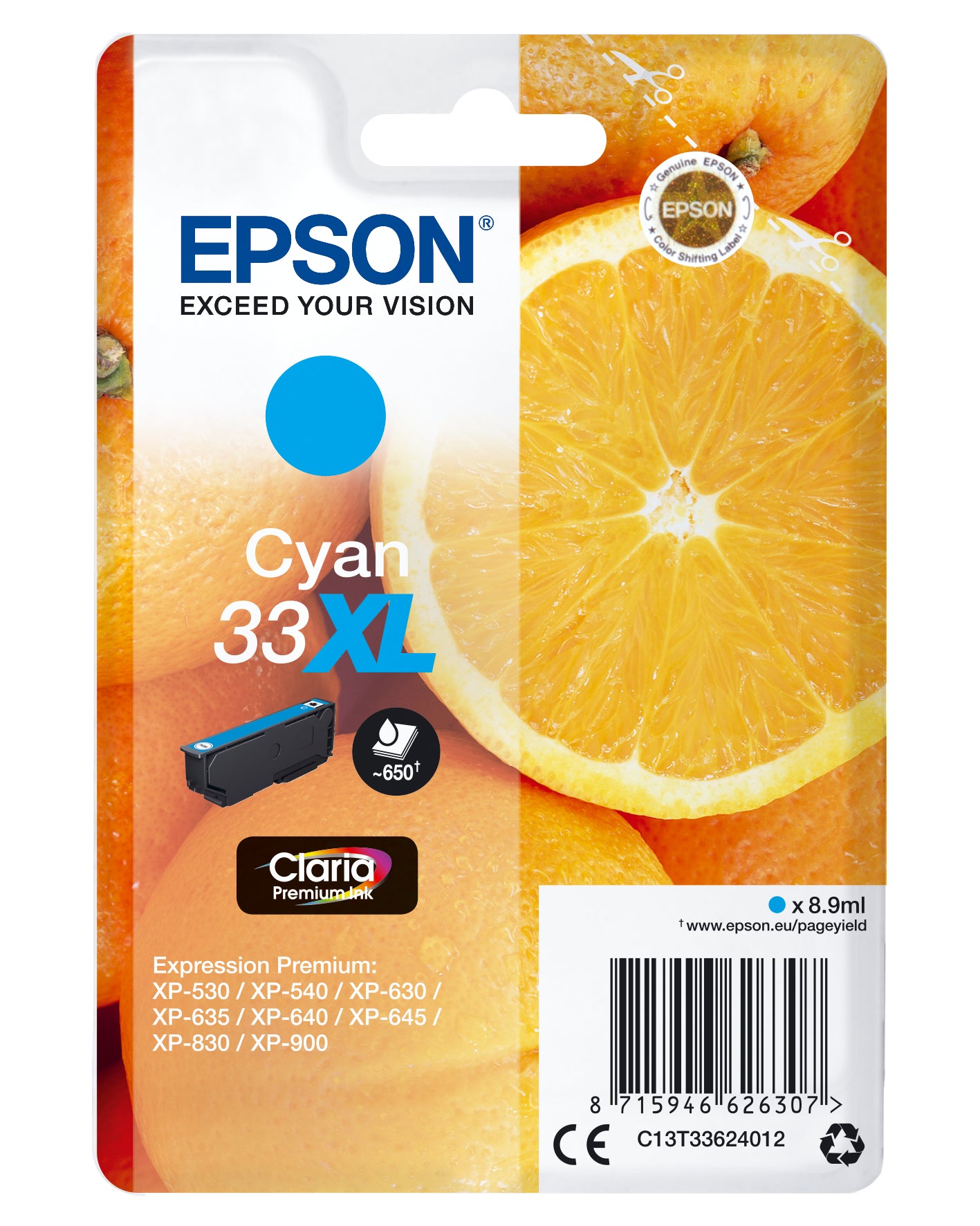 EPSON Cart. d'encre 33XL cyan T336240 XP-530/630/830 650 pages