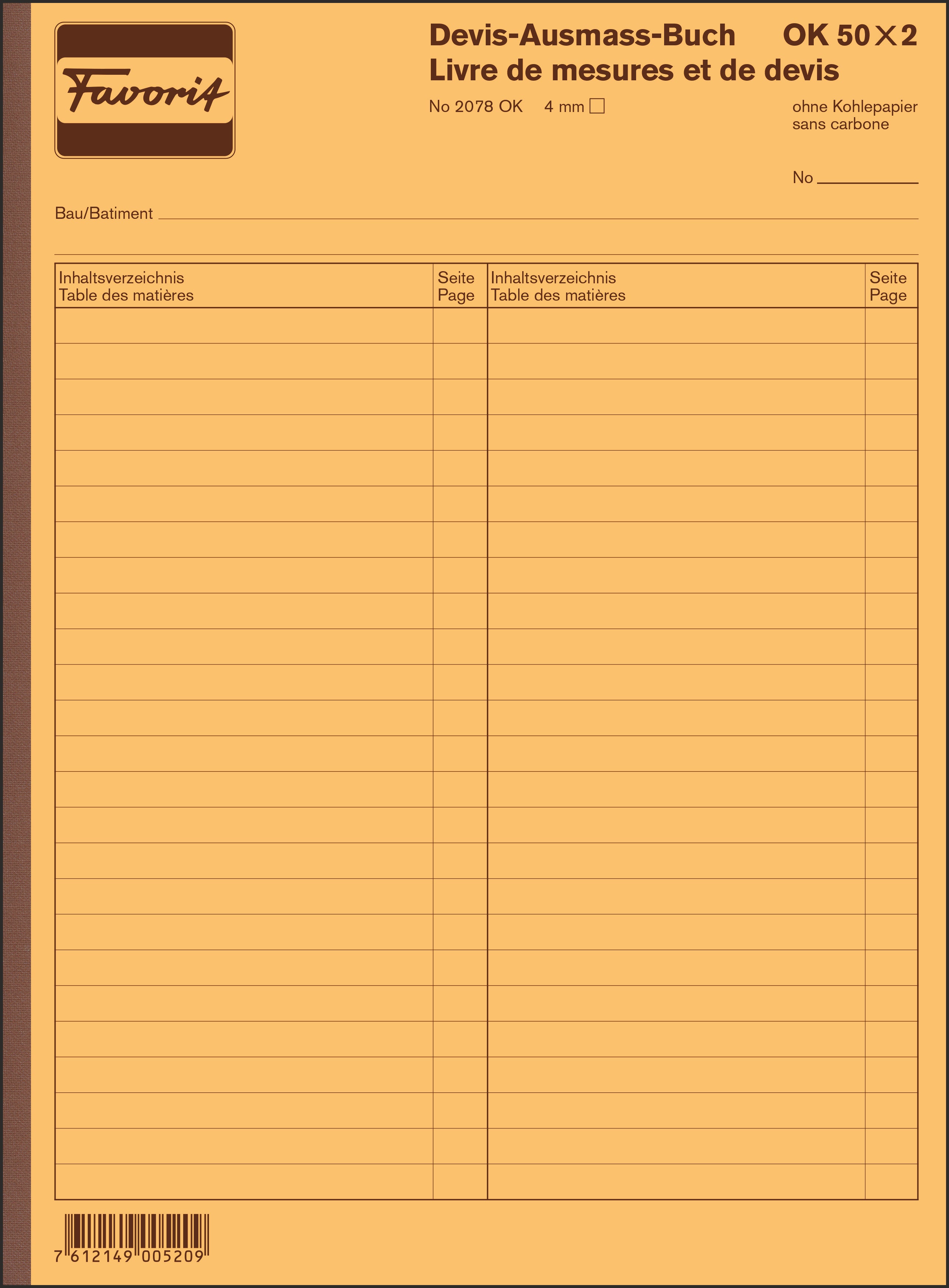 FAVORIT Devis livre mesure D/F A4 2078 OK blanc 50x2 feuilles