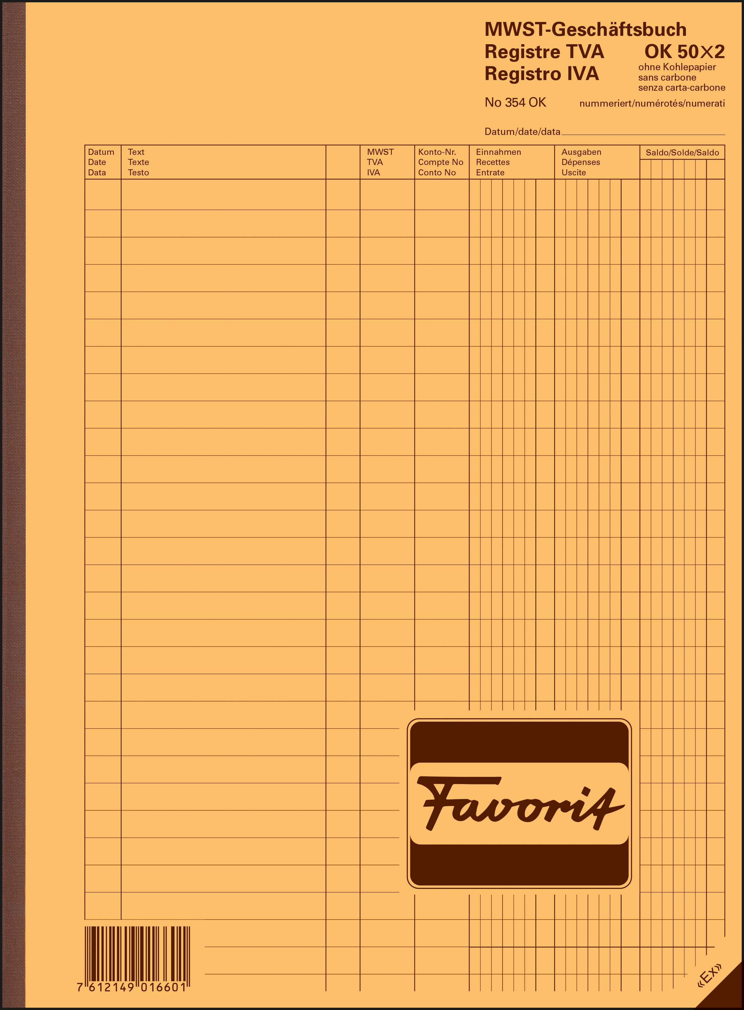 FAVORIT Livre de caisse TVA A4 354OK 50x2 feuilles