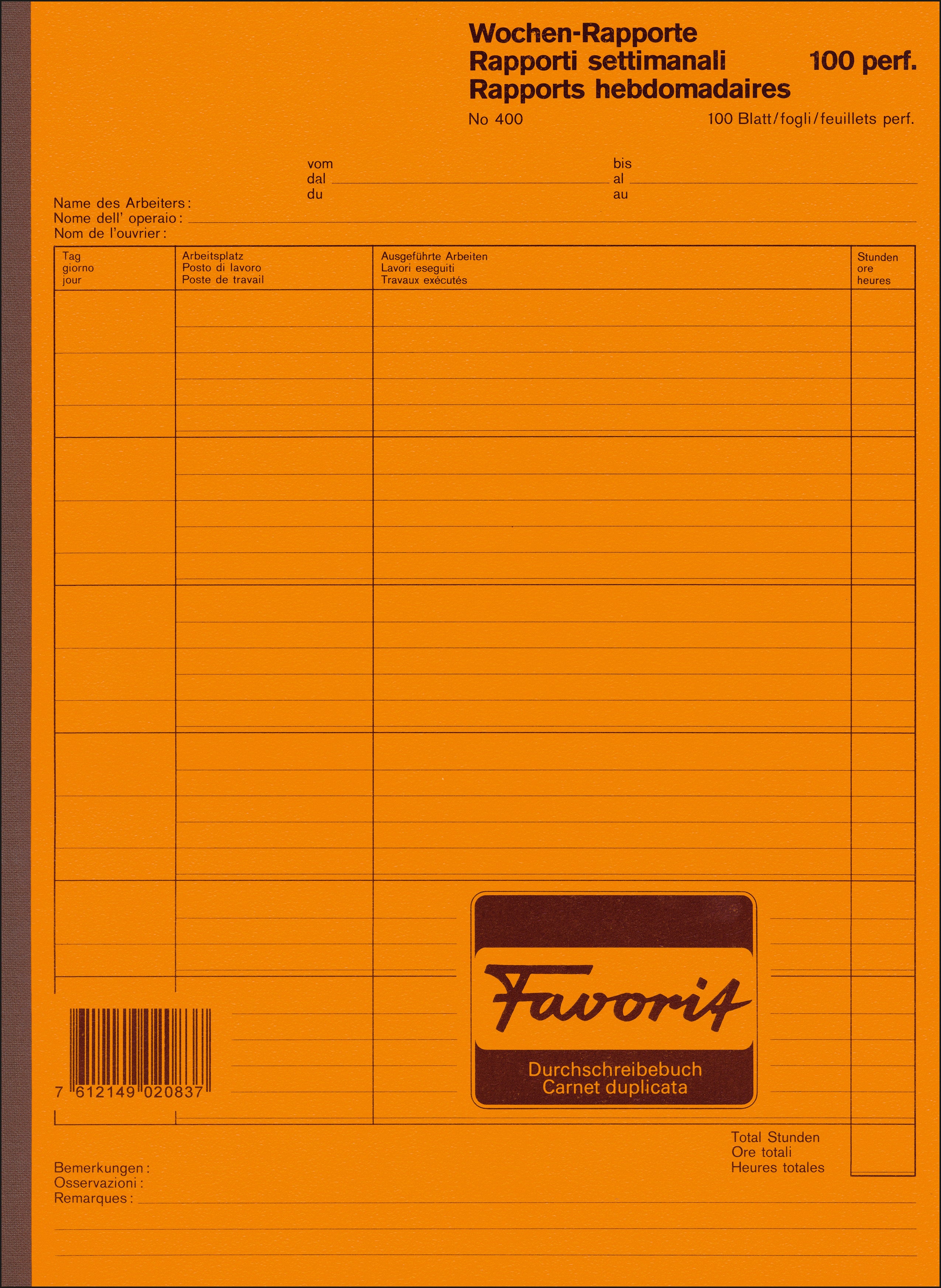 FAVORIT Rapport hebdomadaire D/F/I A4 400 blanc 100 feuilles