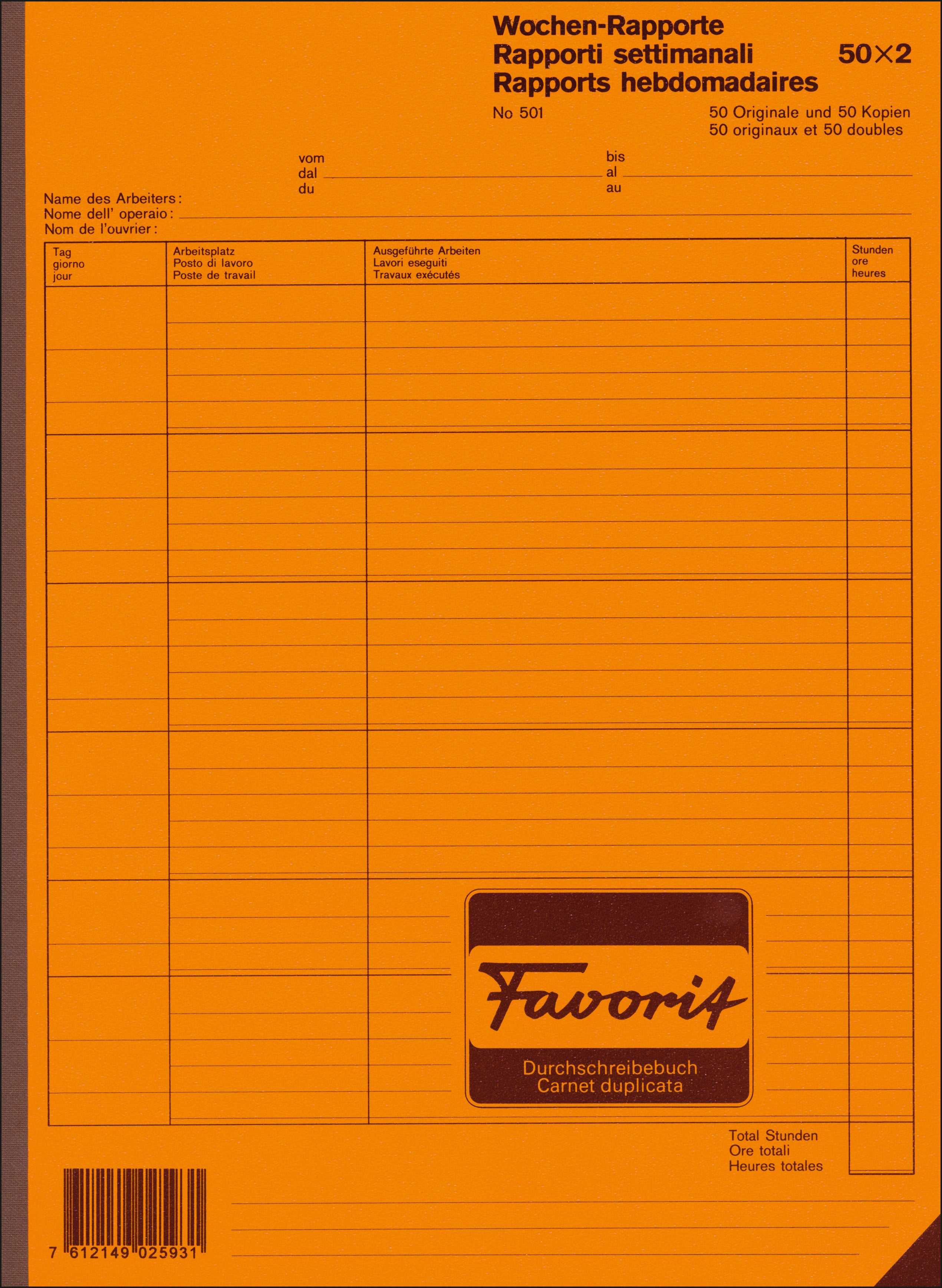 FAVORIT Rapport hebdomadaire D/F/I A4 501 blanc 50x2 feuilles
