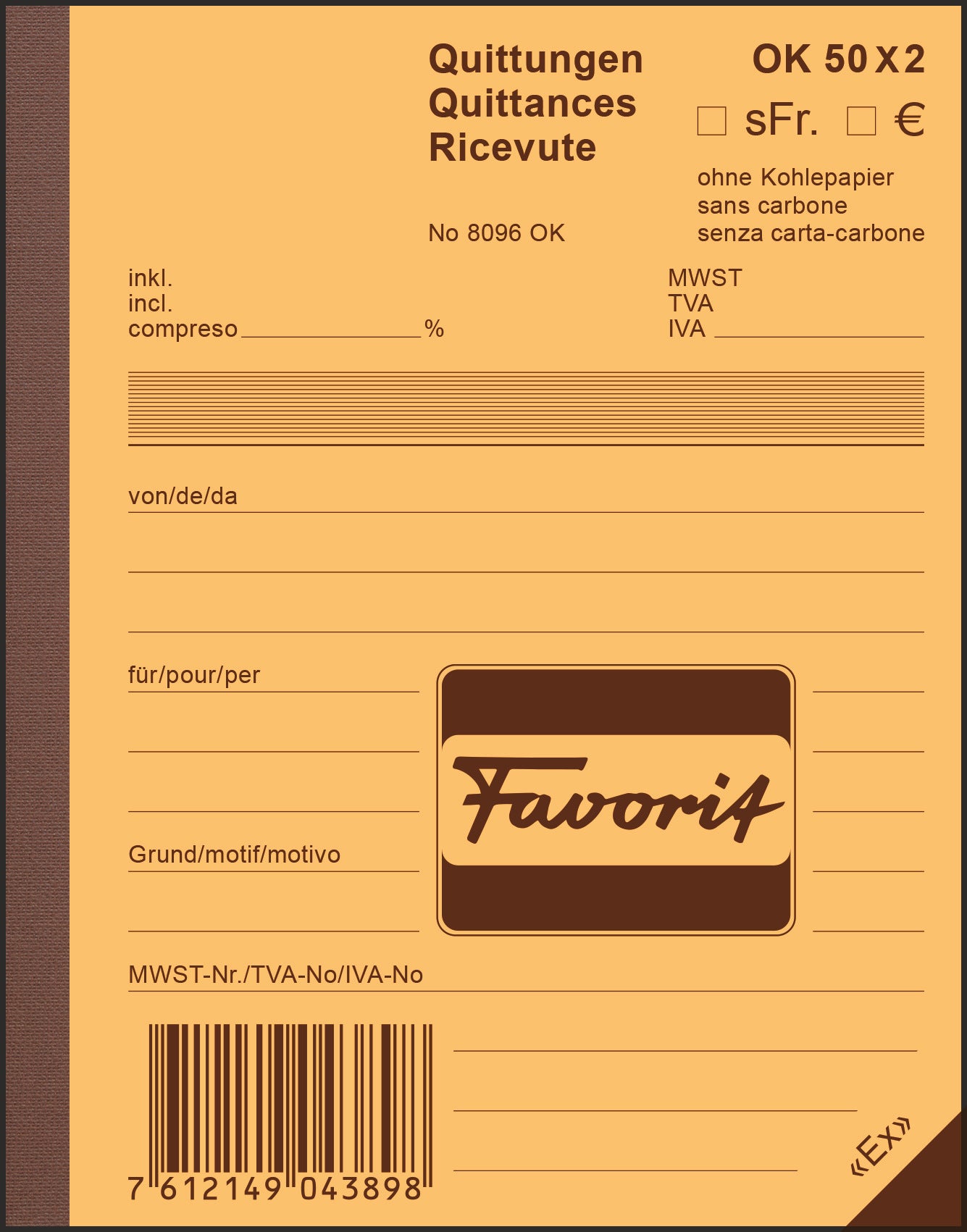 FAVORIT Quittance D/F/I A6 8096OK bleu/blanc 50x2 feuilles