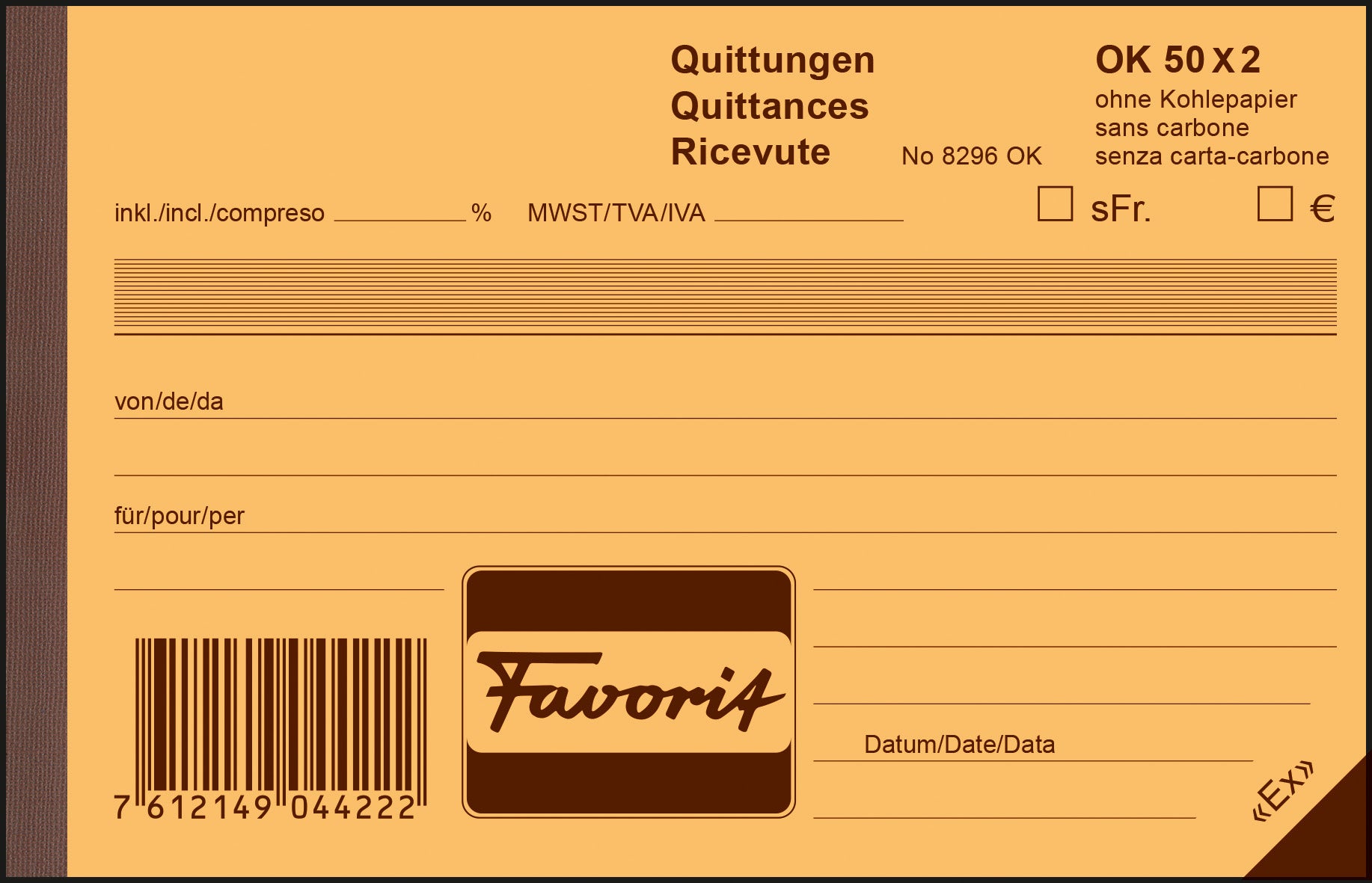 FAVORIT Quittance D/F/I A20 8296OK bleu/blanc 50x2 feuilles