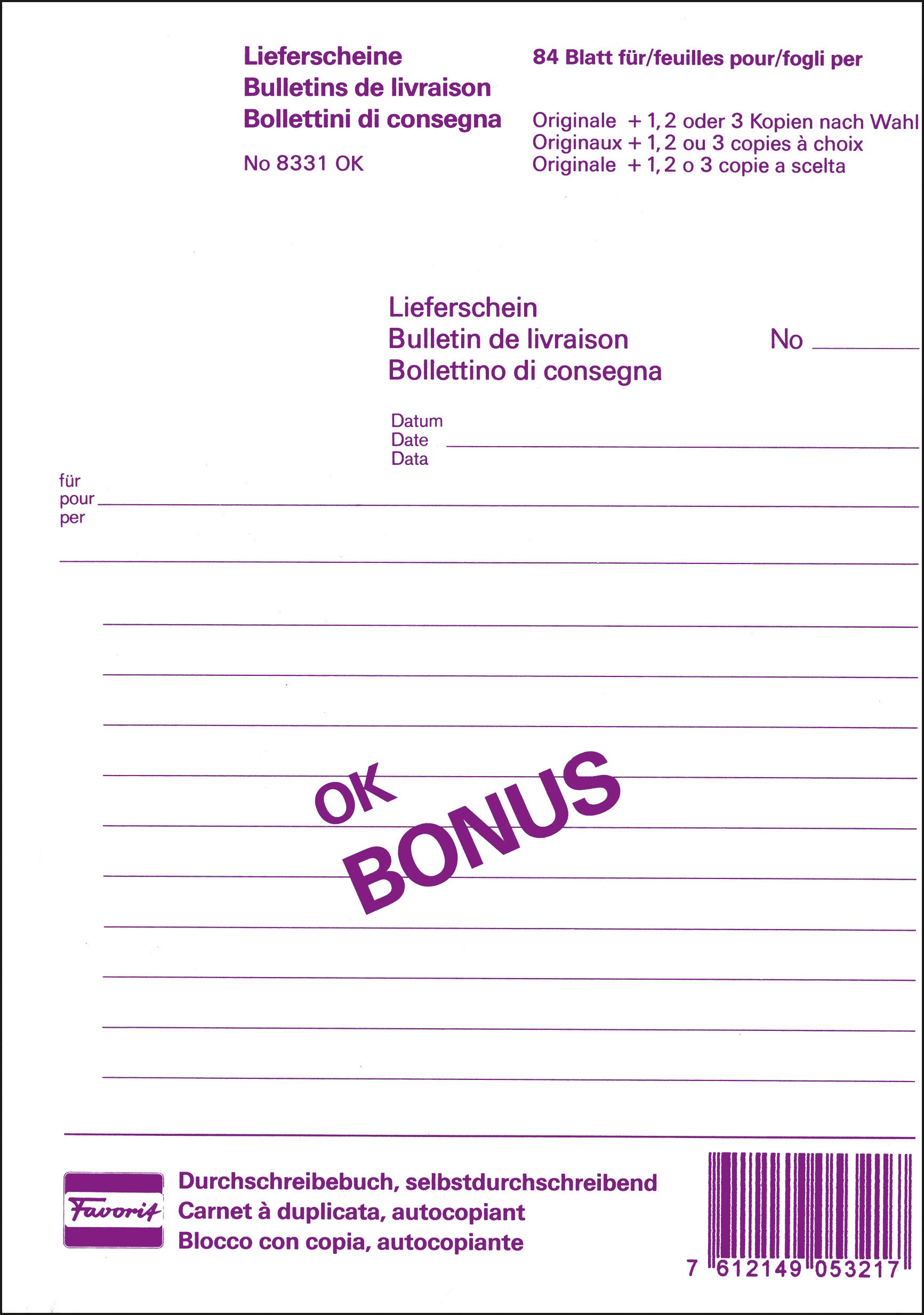 FAVORIT Bon de livraison D/FI A5 8331OK blanc 84 feuilles
