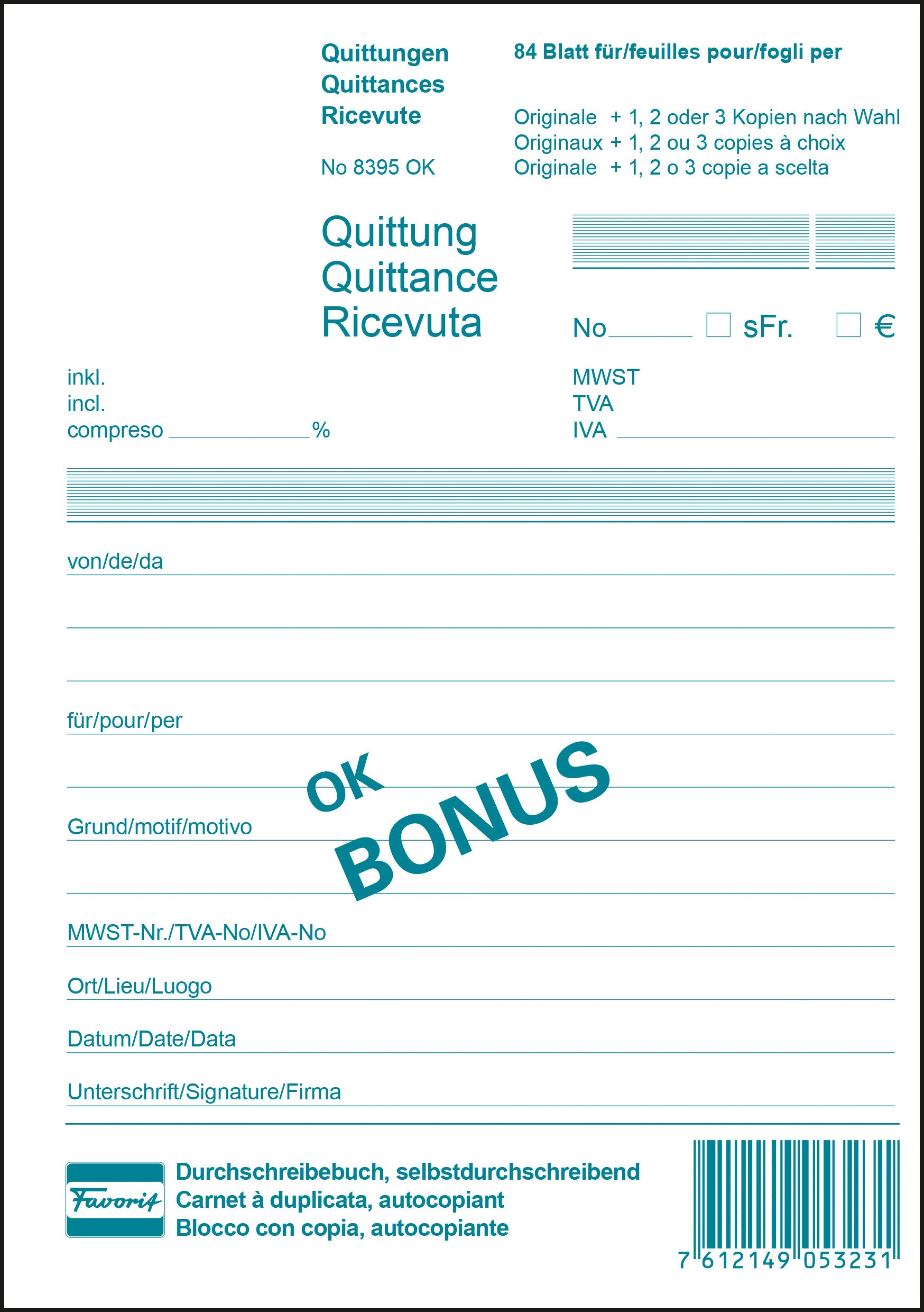 FAVORIT Quittance D/F/I A5 8395OK blanc 84 feuilles