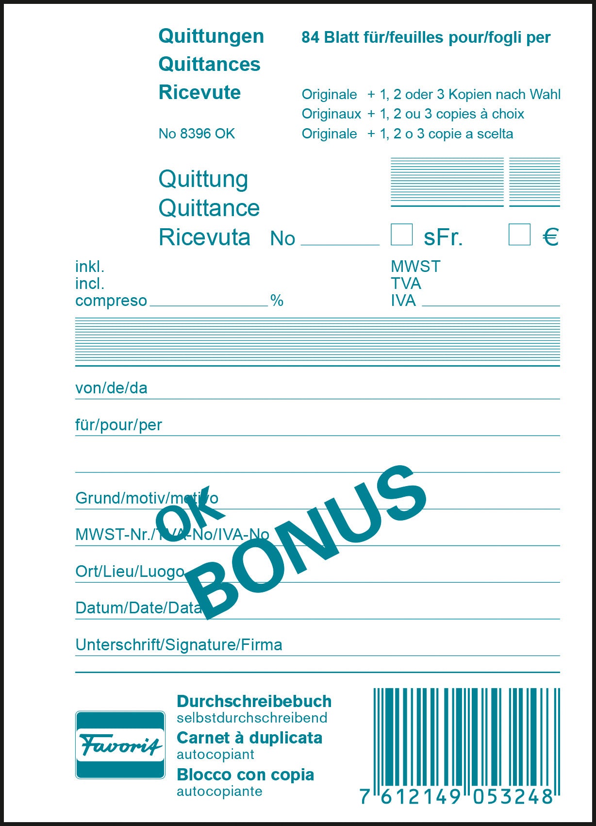 FAVORIT Livre de quittance OK BONUS A6 8396 OK papier autocopiant 84 flls.