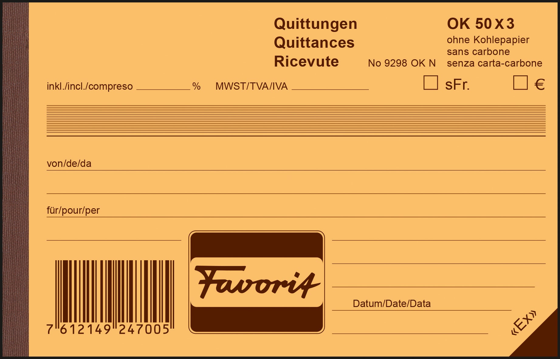 FAVORIT Quittance D/F/I A6 9298 OK N bleu/bleu/blanc 50x3 feuilles