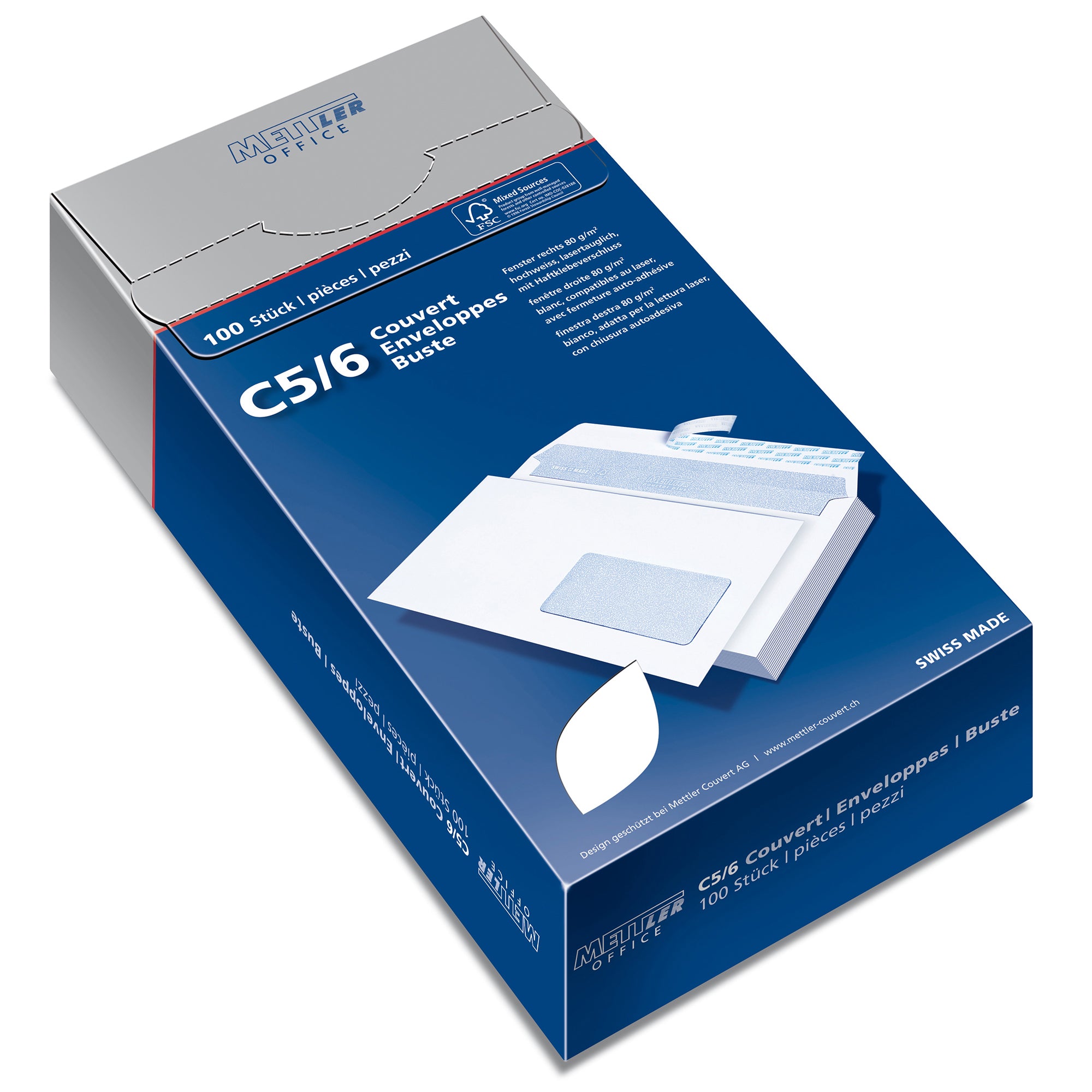 METTLER Envelope fenêtre droit C5/6 7064-80-S100 80g blanc, colle 100 pcs.
