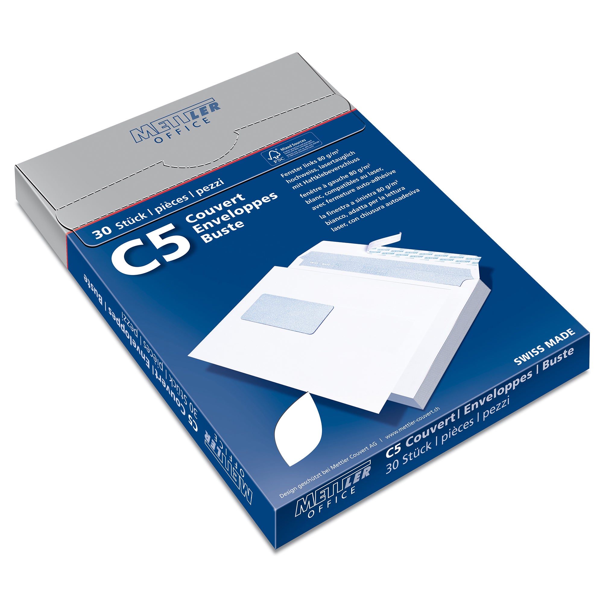 METTLER Envelope fenêtre gauche C5 8065-100-S30 100g, blanc, colle 30 pcs