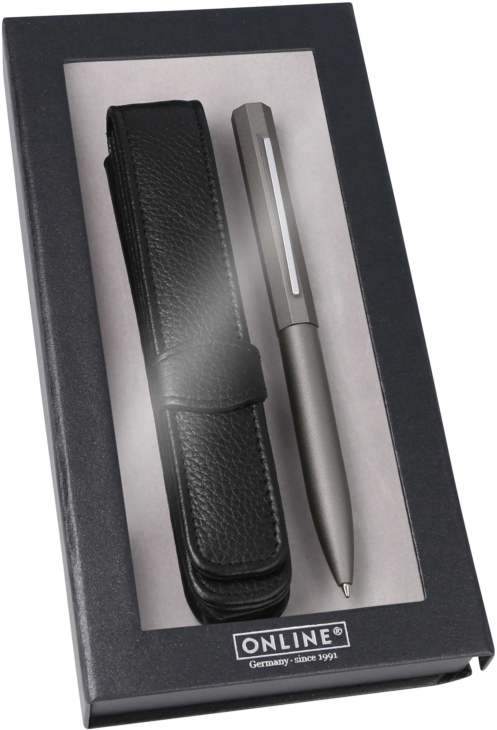 ONLINE Set Stylo a bille Octopen 34690 gris, Etui en cuire