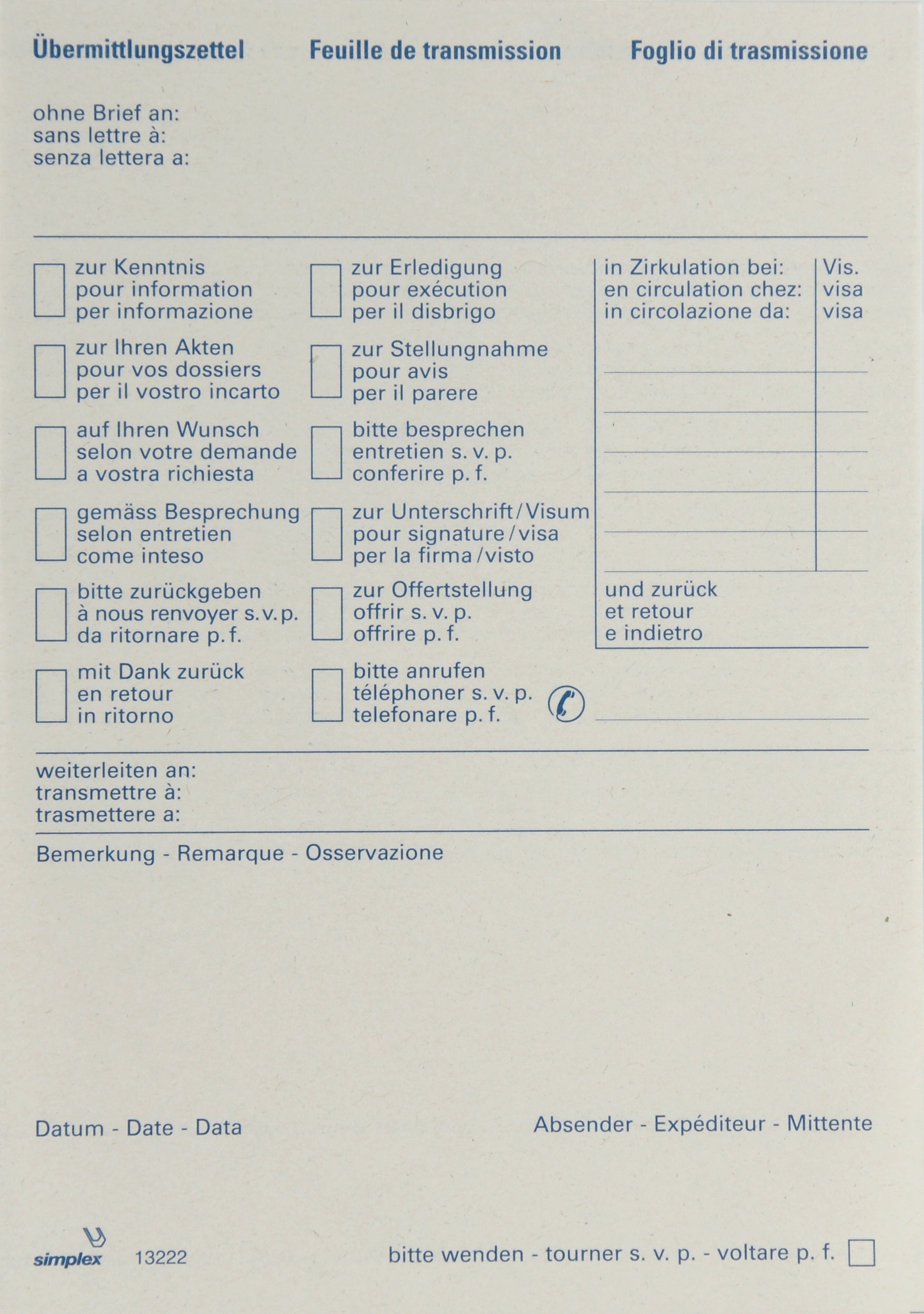 SIMPLEX Bloc de transmission rec. A6 13222 trilingue D/F/I 70 feuilles