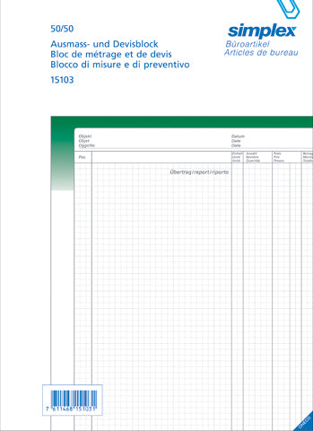 SIMPLEX Livre mesurage A4 15103 vert/blanc 50x2 feuilles