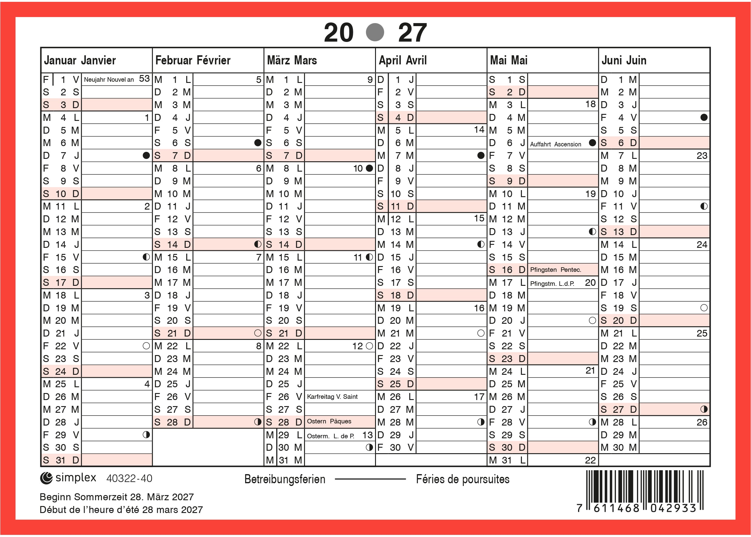 SIMPLEX   Calendrier mural          2027