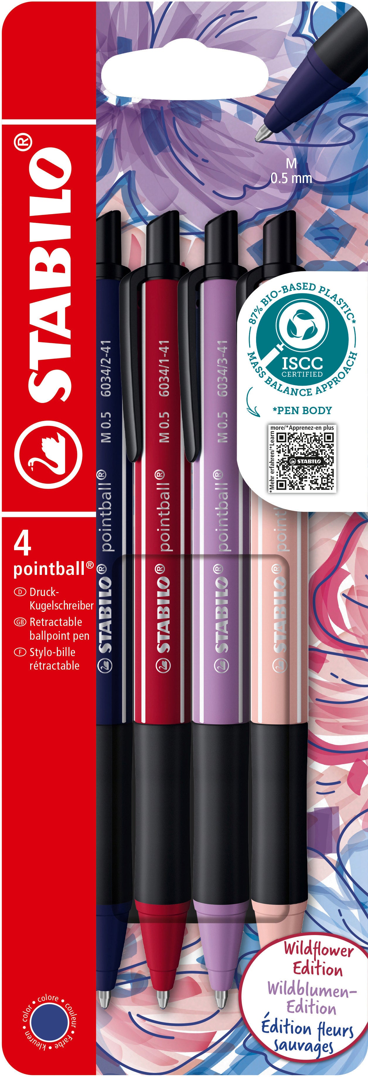 STABILO Stylo à bille pointball 0.5mm 1508 assorti, Wildflower 4 pièces