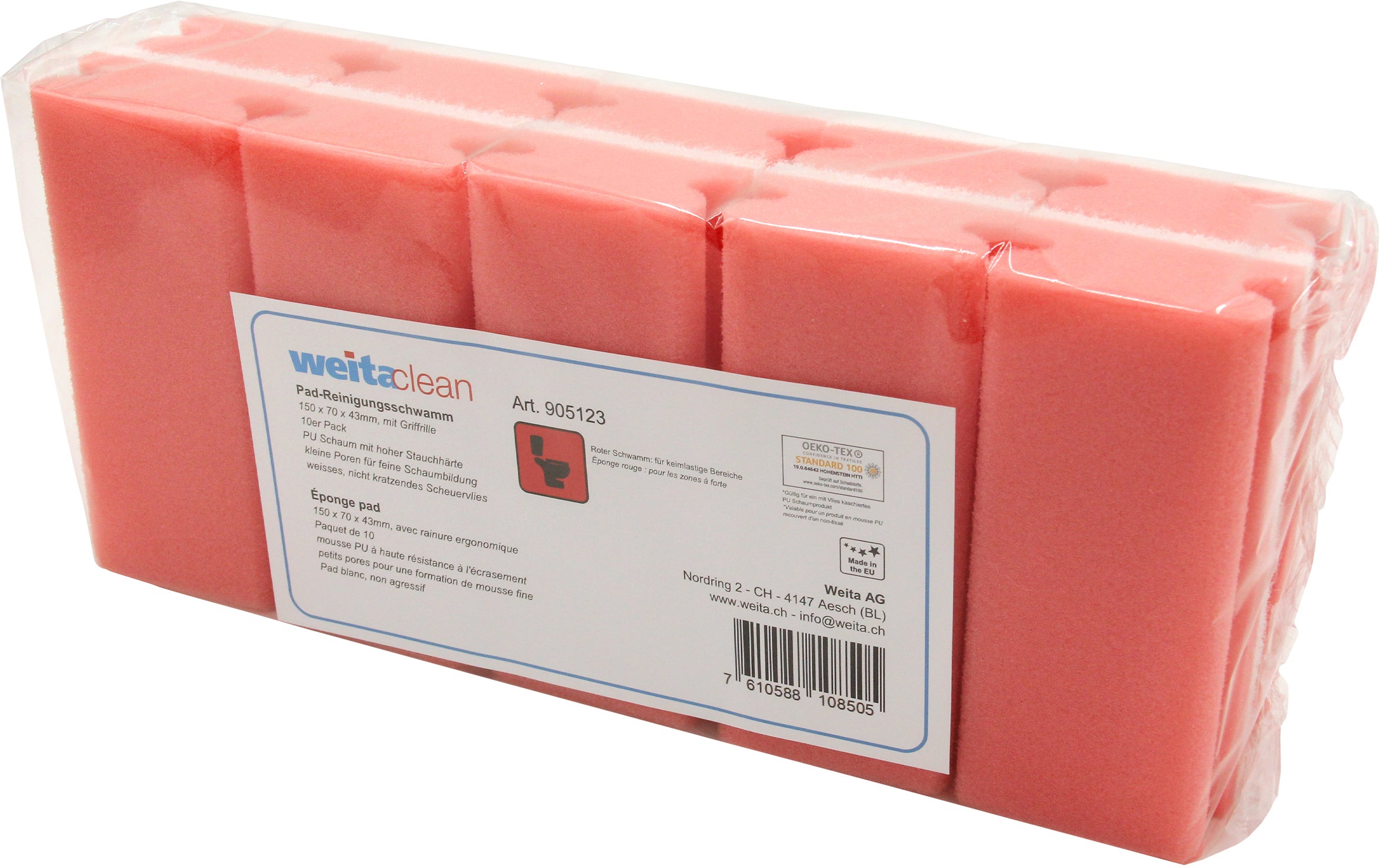 WEITACLEAN Éponge pad 150x70x43mm 5028025 rouge, sans rayures 10 pièces